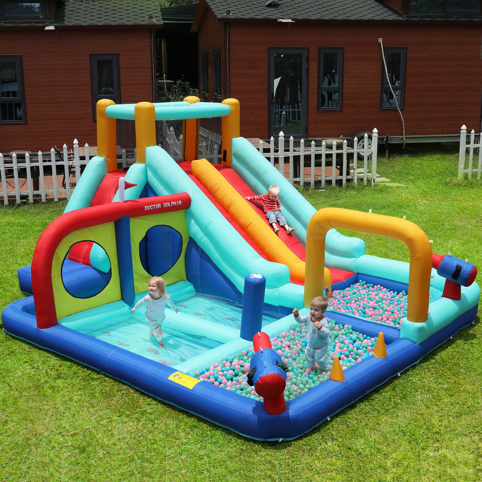 Celya Hüpfburg Hüpfburg für kinder, 5 in 1 Aufblasbare Hüpfburg Outdoor, (mit Gebläse, Wasserschloss, Doppelrutschen-Wasserrutsche, Kletterwand / Wasserpistole / Springbrunnen / Boxpfosten), Kinder-Hüpfburg, multifunktionaler Outdoor-Wasserpark