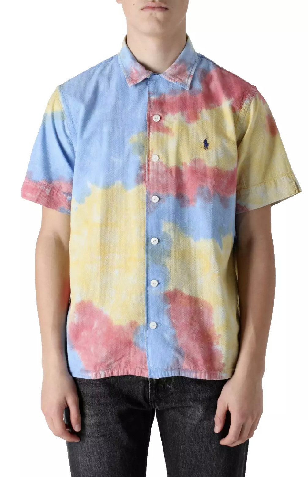 Polo Ralph Lauren Kurzarmhemd Herren Classic Fit Tie-Dye Seersucker Hemd Strand Shirt Camp-Kragen, Rückenpasse mit Falte, Multicolor Tie-Dye Muster
