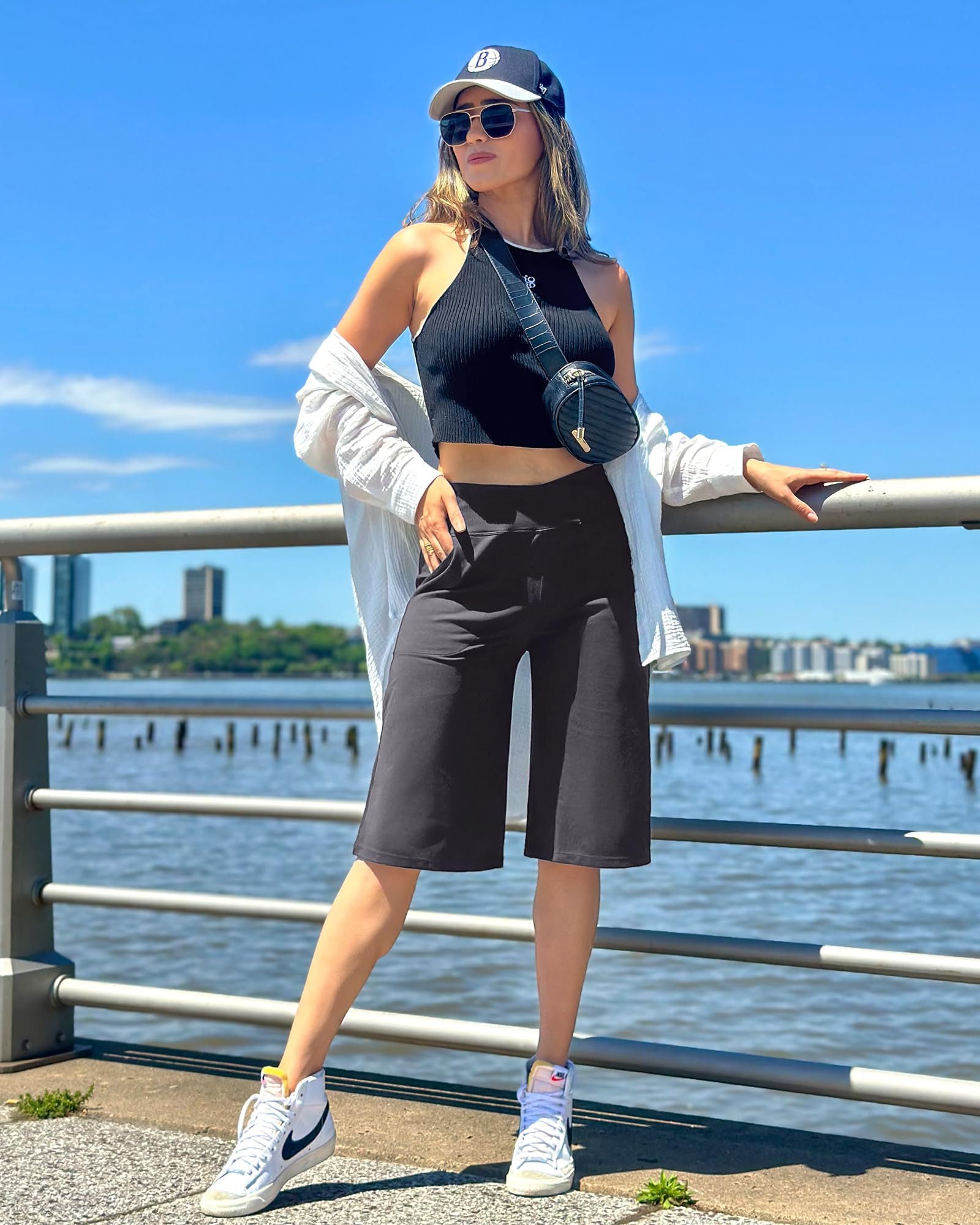 G4Free Caprihose Damen Caprihose Weites Bein Yoga Caprihose High Waist Shorts Weites Bein Yoga Fitness Activewear mit Tasche