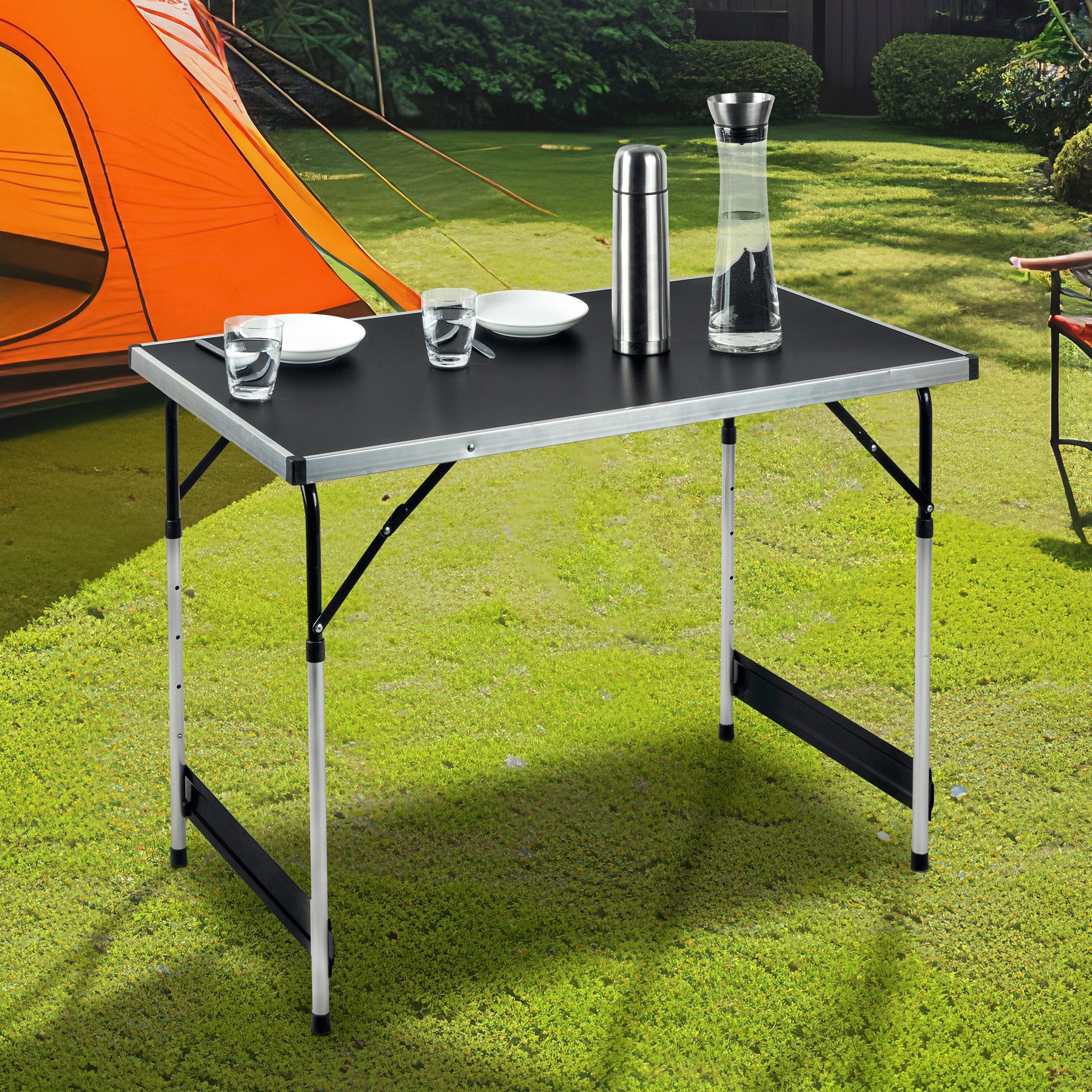 Haushalt International Klapptisch Campingtisch Arbeitstisch 100x60x90cm (Stück, 1-St., Packung), Höhenverstellbar, MDF, Aluminium Rahmen, Schwarz / Silber