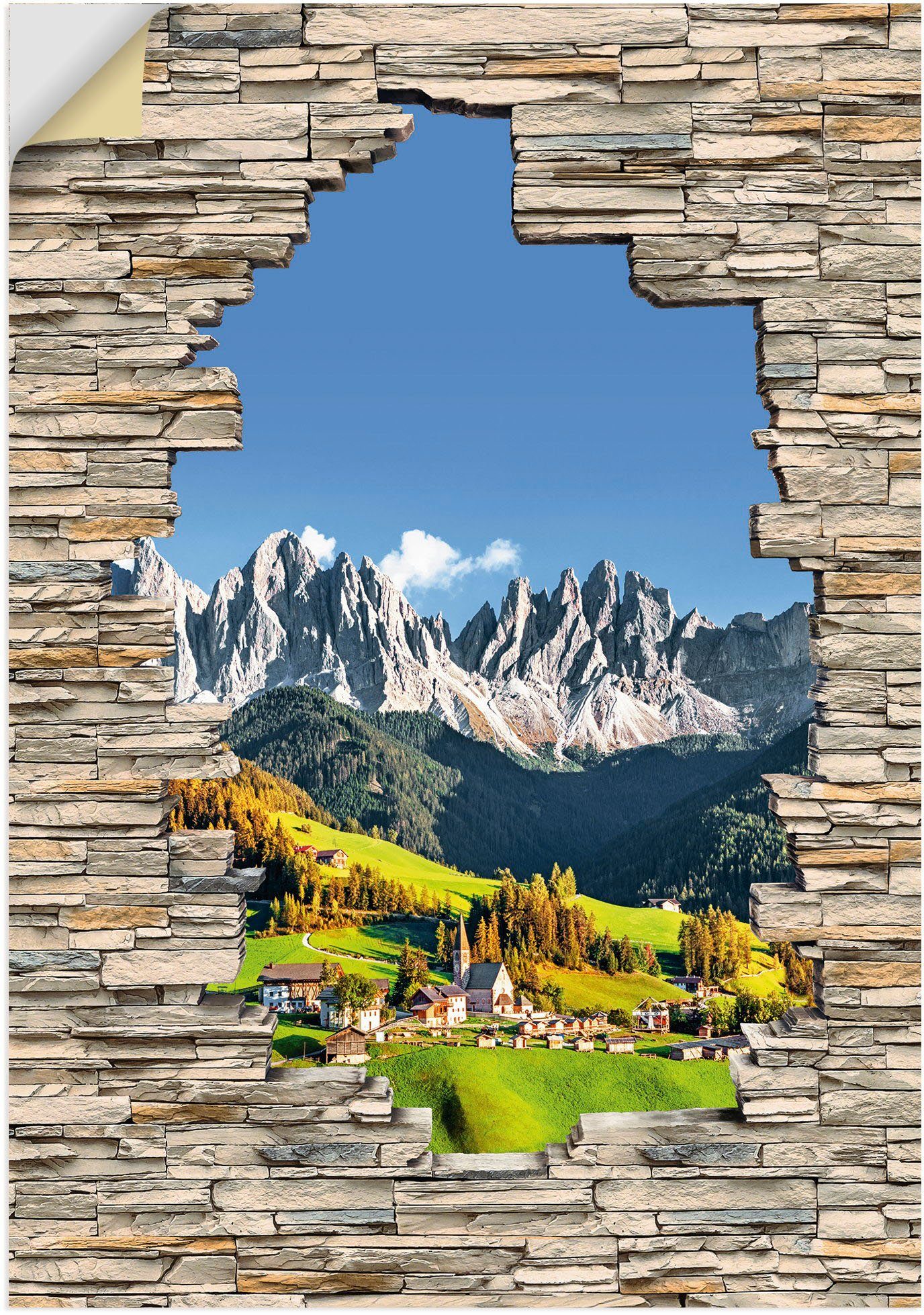 Poster versch. Leinwandbild, Santa Alpen Alubild, St), Berge oder & Artland Wandaufkleber Stein in Wandbild Größen Alpenbilder Maddalena als Mauer, (1 Berge