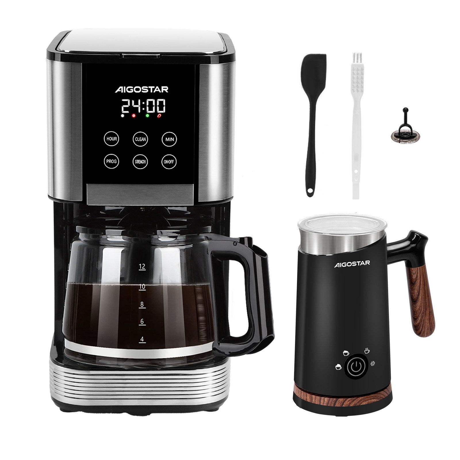 Aigostar Filterkaffeemaschine 1000W, 1,5L Wassertank/14-Tassen, Programmierbar 24H, Tropf-Stopp, AutoClean, 1.2l Kaffeekanne, Korbfilter, 1,5L Wassertank, 1000W, LCD-Display, Intensitätseinstellung