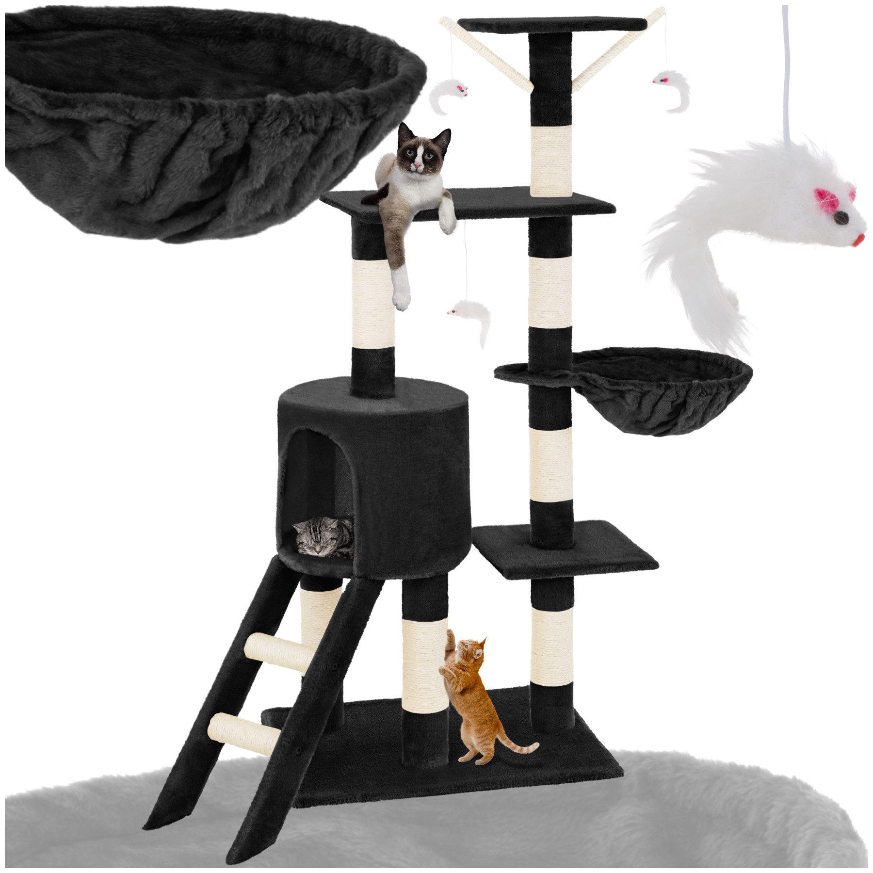 tectake Kratzbaum Katzenbaum Dominik 144 cm Diverse Farben Schwarz, Vielseitig mit robusten Sisalstangen und Plüschoberfläche