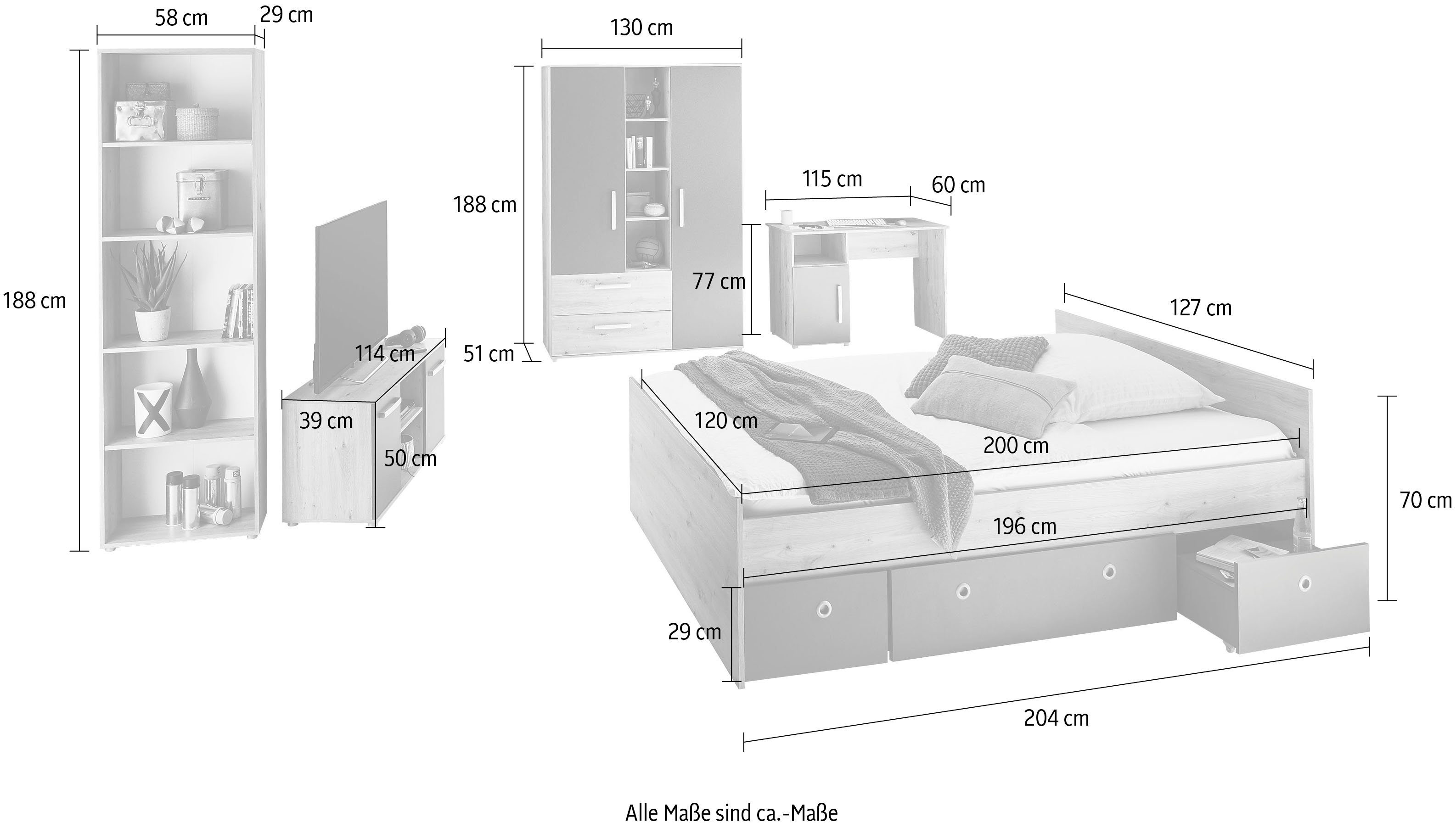 6-St., berndt (Set, Bücherregal mit Jugendzimmer-Set Bett Alessio, arthur mit Schubkasten, Melamin-Oberfläche Schreibtisch, etc), Kleiderschrank,