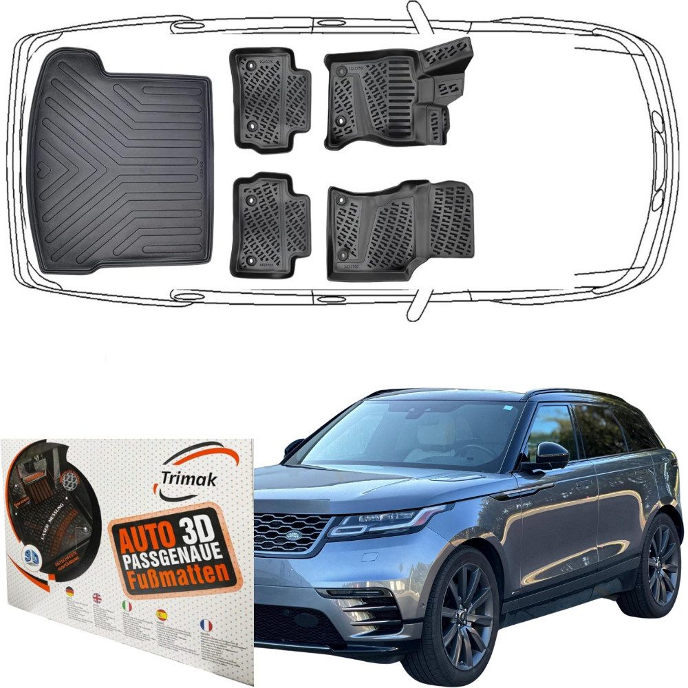 Trimak Passform-Fußmatten Oder Kofferraumwanne Oder Set kompatibel mit Range Rover Velar, Range Rover Velar 2017-2020 Gummimatten Auto & Kofferraummatte TPE