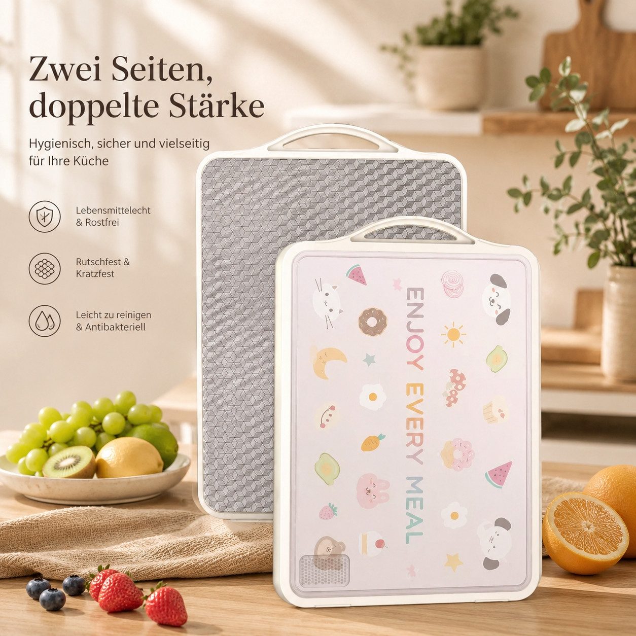 Jumpeak Schneidebrett Titan Schneidebrett mit Saftrille,Anschlagkante,rostfrei,beidseitig, Edelstahl, Edelstahl Schneidebrett 41x32cm,antibakteriell,mit Griff – Bild 2 von 5