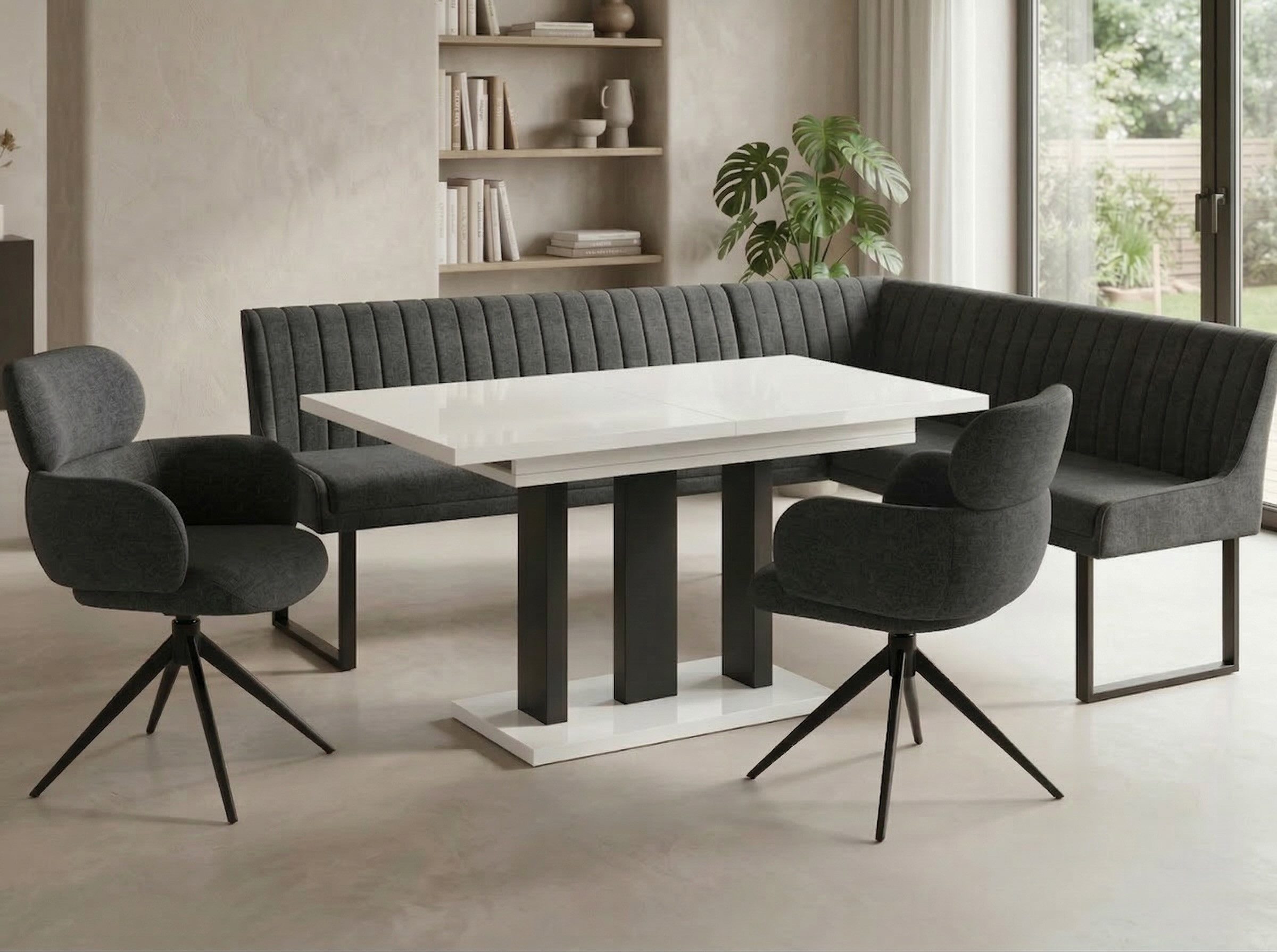 Endo-Moebel Eckbankgruppe Eckbankgruppe, Kaschmir / Beige, Bezug anthrazit einfarbig, lange Seite links