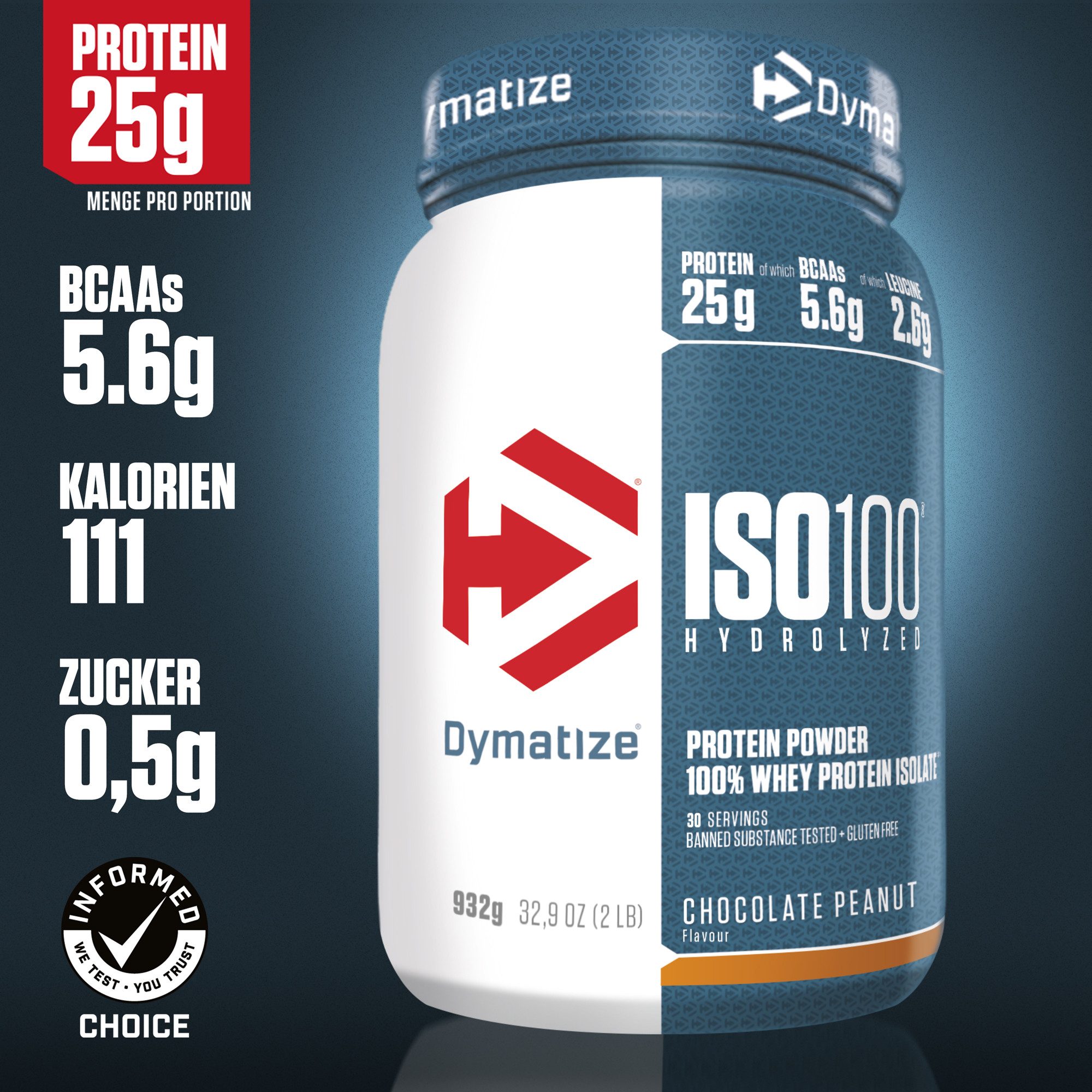 Dymatize Whey Protein Pulver Shake Eiweiß ISO 100 Chocolate Peanut 932 g Pulver, 932 g