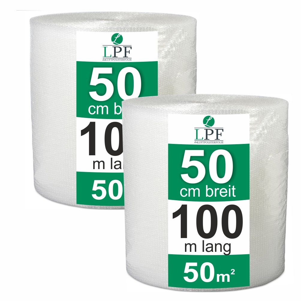 LPF dieLUFTPOLSTERFOLIE Schutzfolie 2x Luftpolsterfolie Breite 50cm x 100m Noppenfolie Verpackungsfolie