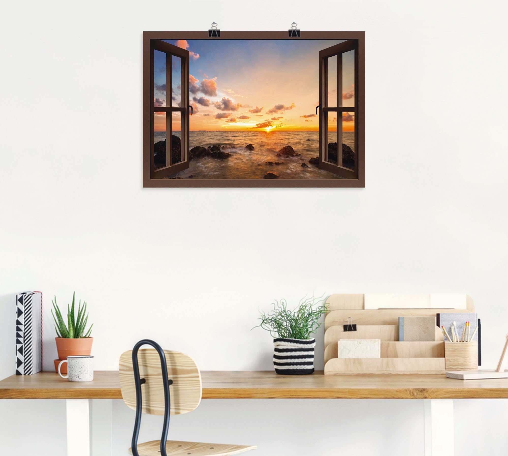 Artland Wandbild oder Leinwandbild, (1 Wandaufkleber Fensterblick versch. weiß Fensterblick am Meer, in Sonnenuntergang als Poster Größen St), Alubild