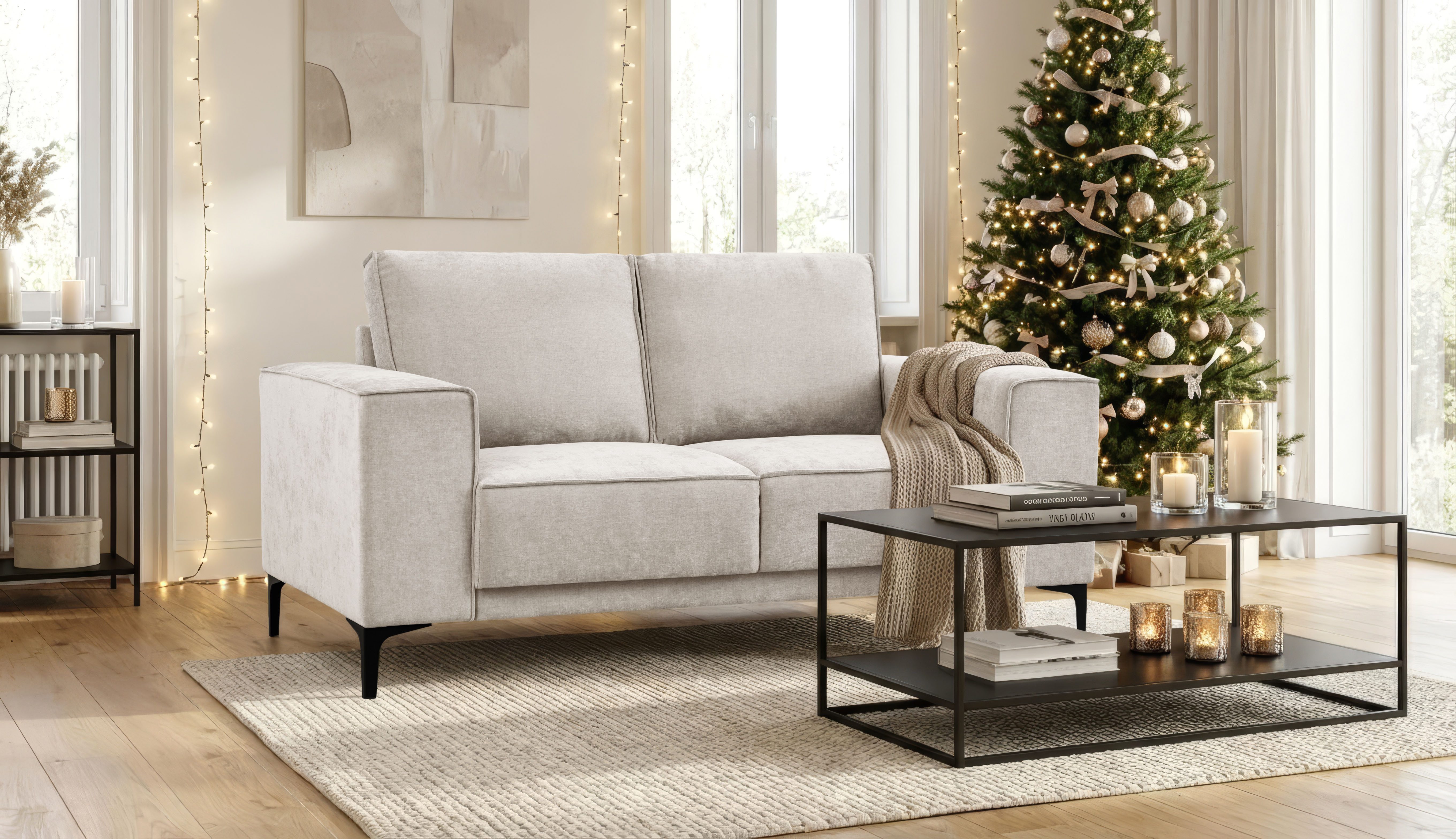 OTTO home 2-Sitzer Kompaktsofa Oland, Struktur, Flachgewebe, Luxus-Microfaser, Boucle, 164 cm, Wellenunterfederung, Skandi-Design, Metallfüße