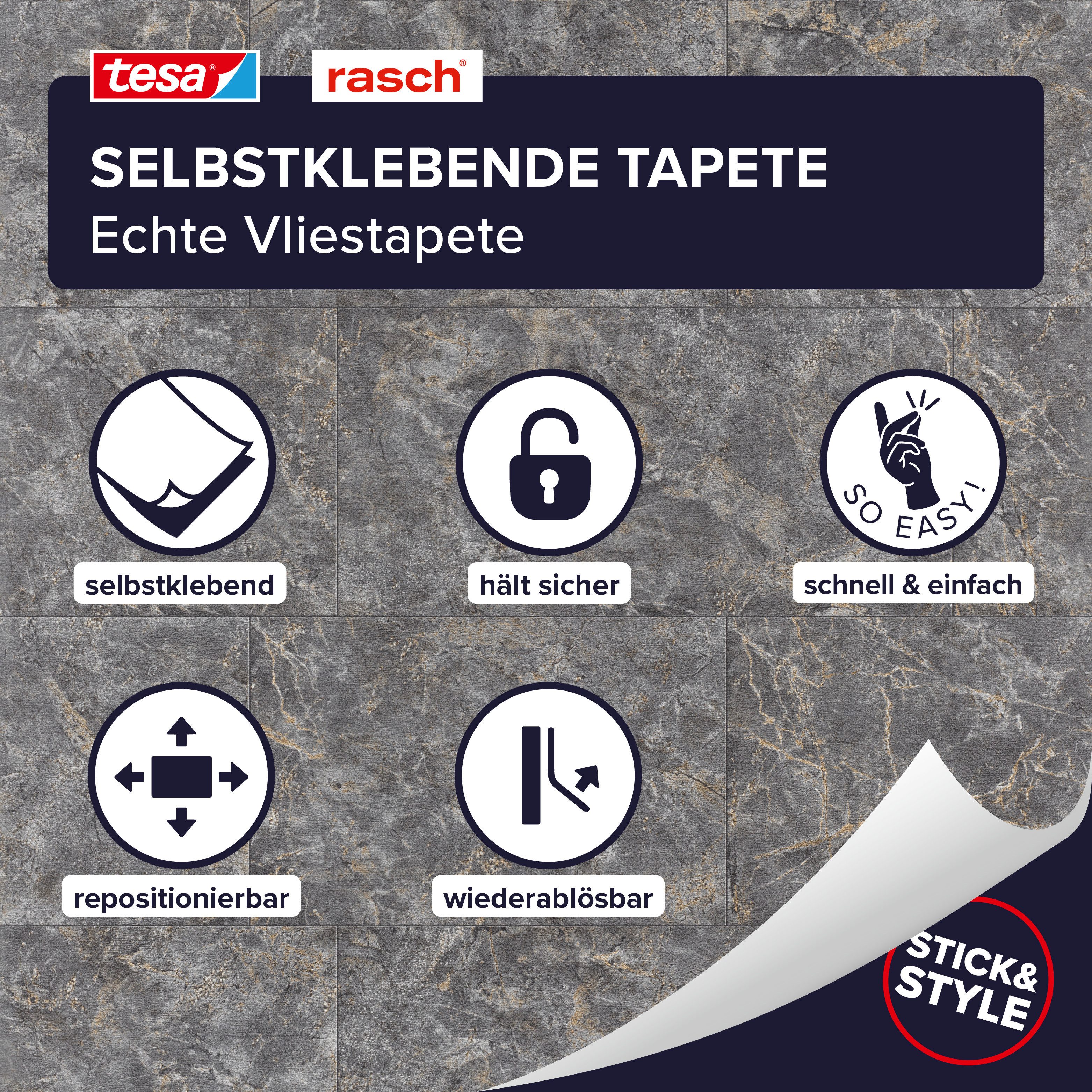 Rasch Vliestapete Luxora - Selbstklebende Tapete Fliesenoptik von tesa® x rasch®, strukturiert, Steinoptik, Stein-Fliesen, (1 St), selbstklebend, 6,00m x 0,53m