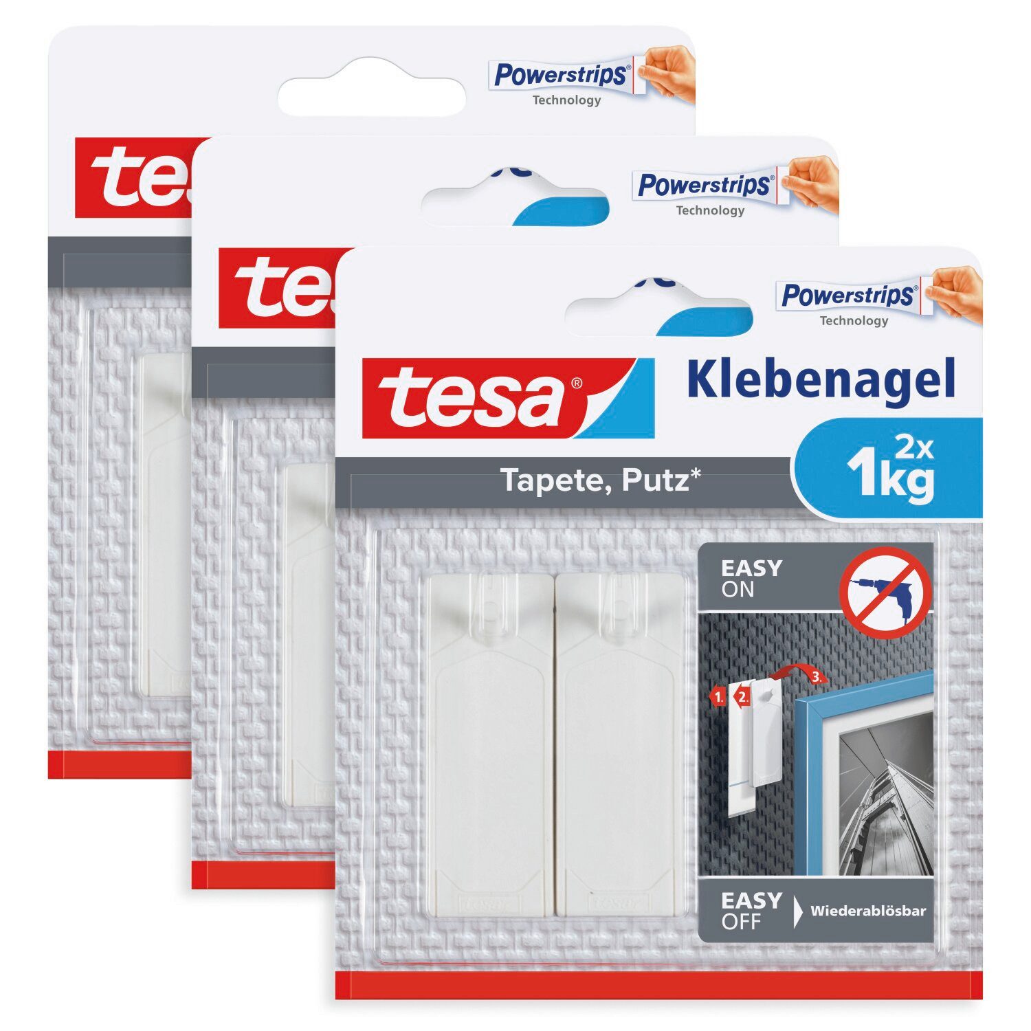 tesa Klebehaken POWERSTRIPS Klebenagel mit max. 1 kg Haltekraft für Bilder, (Spar-Set, 6-St., inkl. Powerstrips), 1 kg Haltekraft - Tapete & Putz - entfernbar, wiederverwendbar