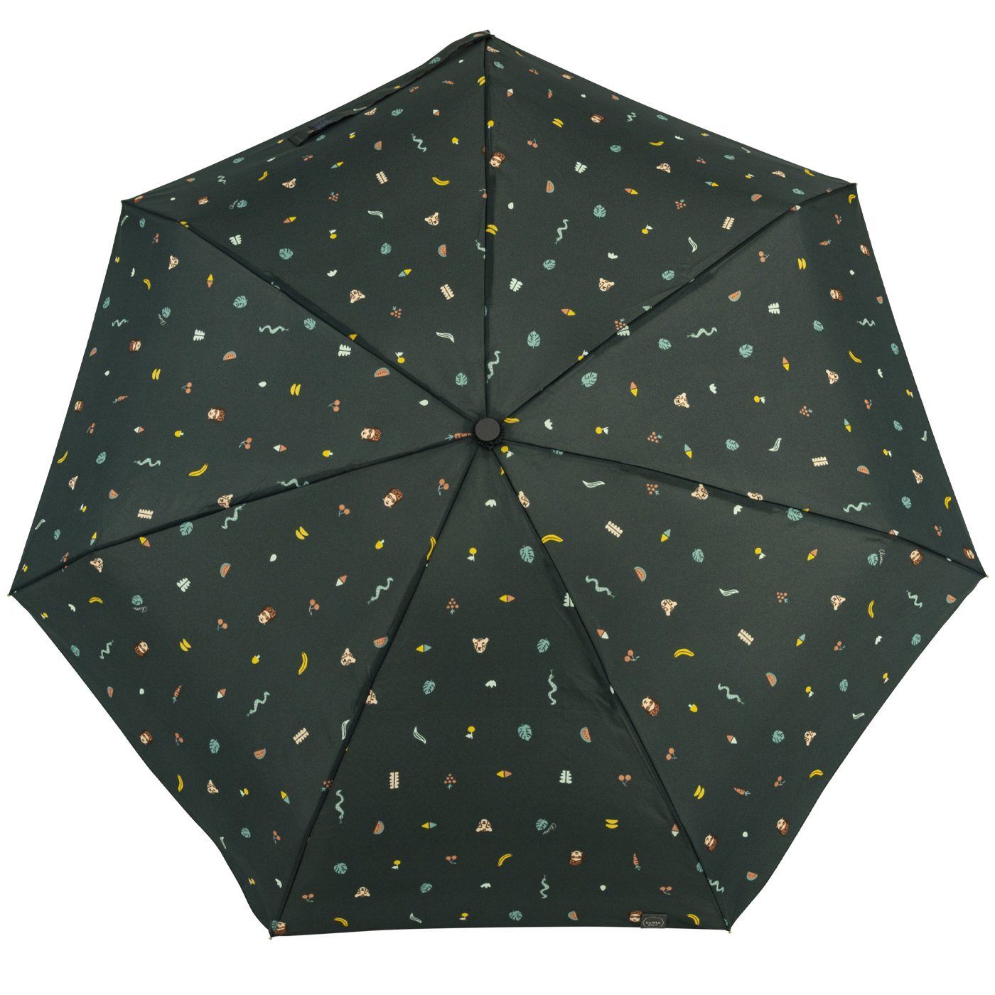 mit Tropen-Dschungel-Motiven klein, Damen-Regenschirm, - stabil, Taschenregenschirm kompakt, petrol mit farbenfroh Handöffner, bisetti