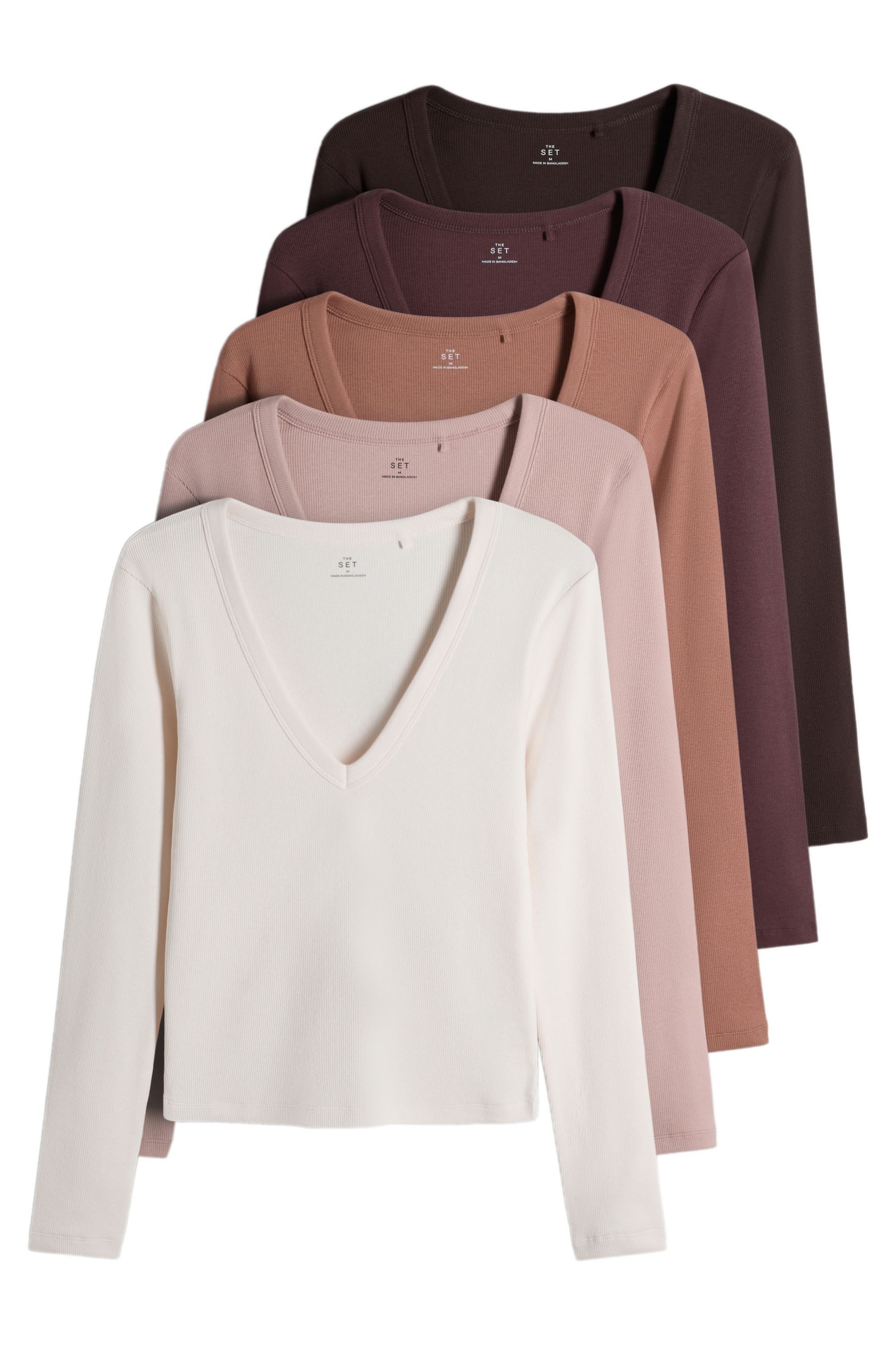 The Set Langarmshirt The Set Gerippte Shirts mit V-Ausschnitt, 5er-Pack (5-tlg)