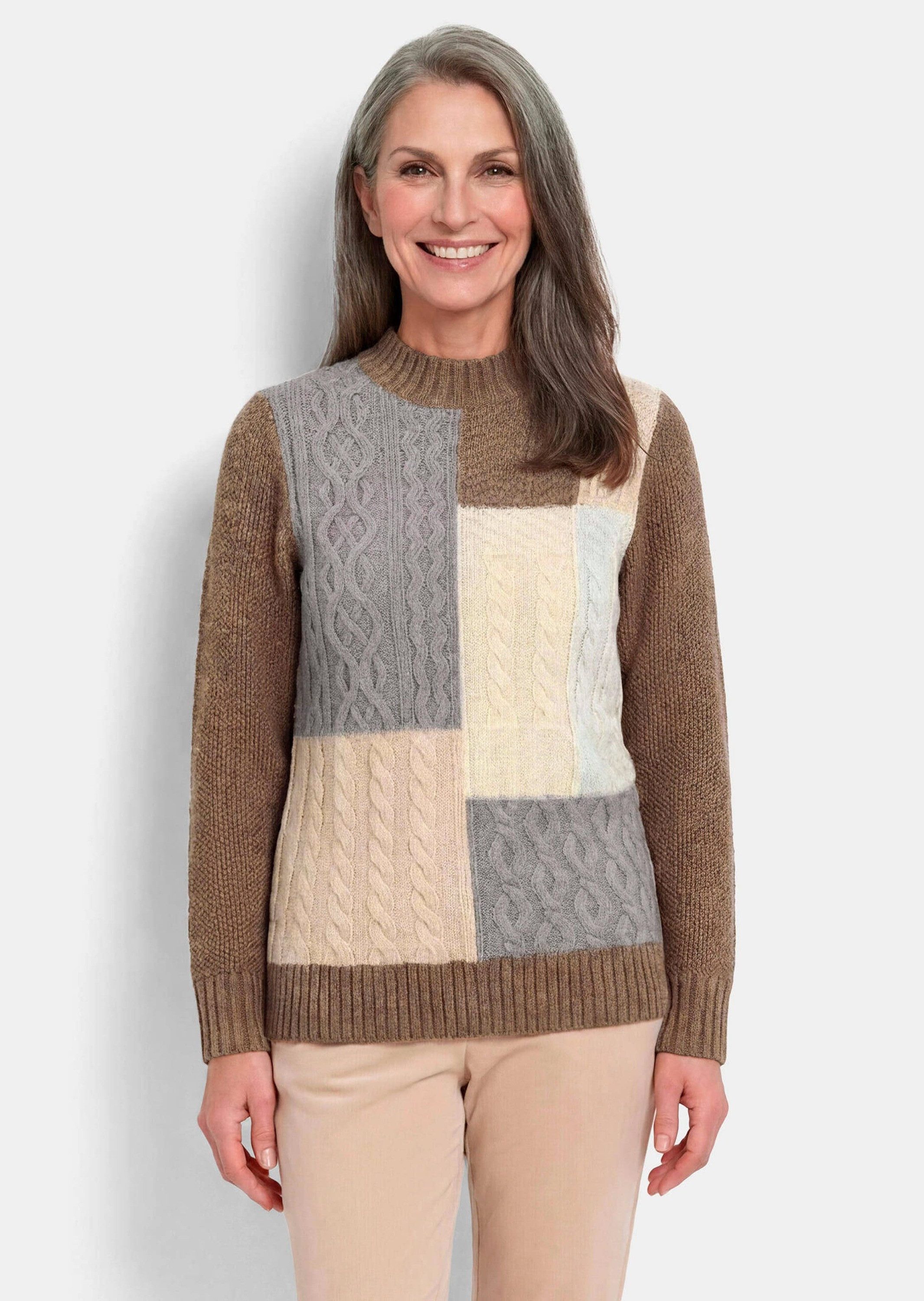 GOLDNER Strickpullover Kurzgröße: Strickpullover mit Stehkragen Warmer Intarsienstrick mit Langarm, Rippenbündchen
