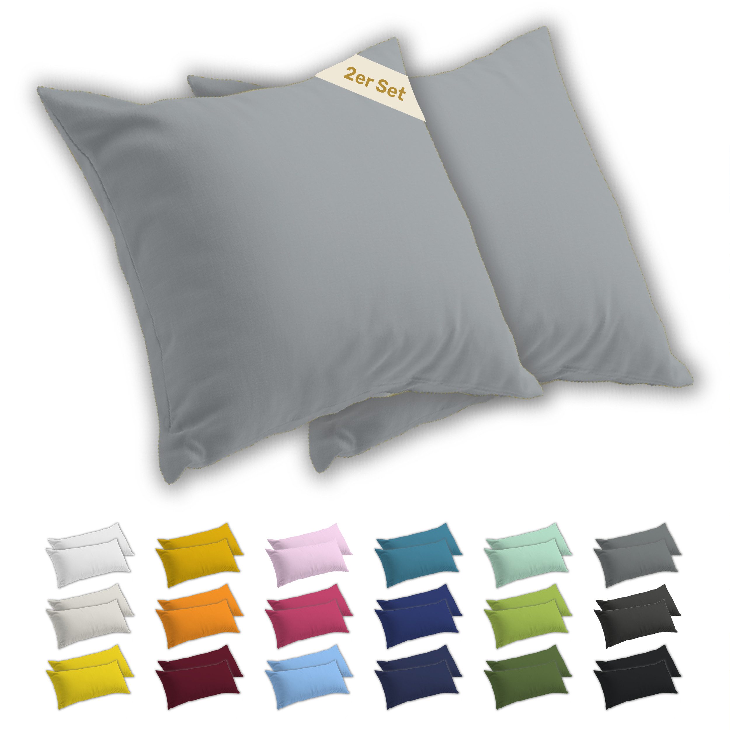 Lavea Kissenbezug 2er Set Kissenhülle Jersey, 100% Baumwolle, Kissenbezüge, (2 Stück), allergikerfreundlich - sicherer YKK-Reißverschluss - waschbar 60°C