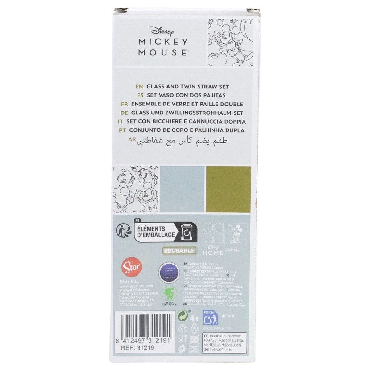 Disney Mickey Mouse Glas Glas 480 ml mit 2 Edelstahl Trinkhalmen, 3-tlg., Glas