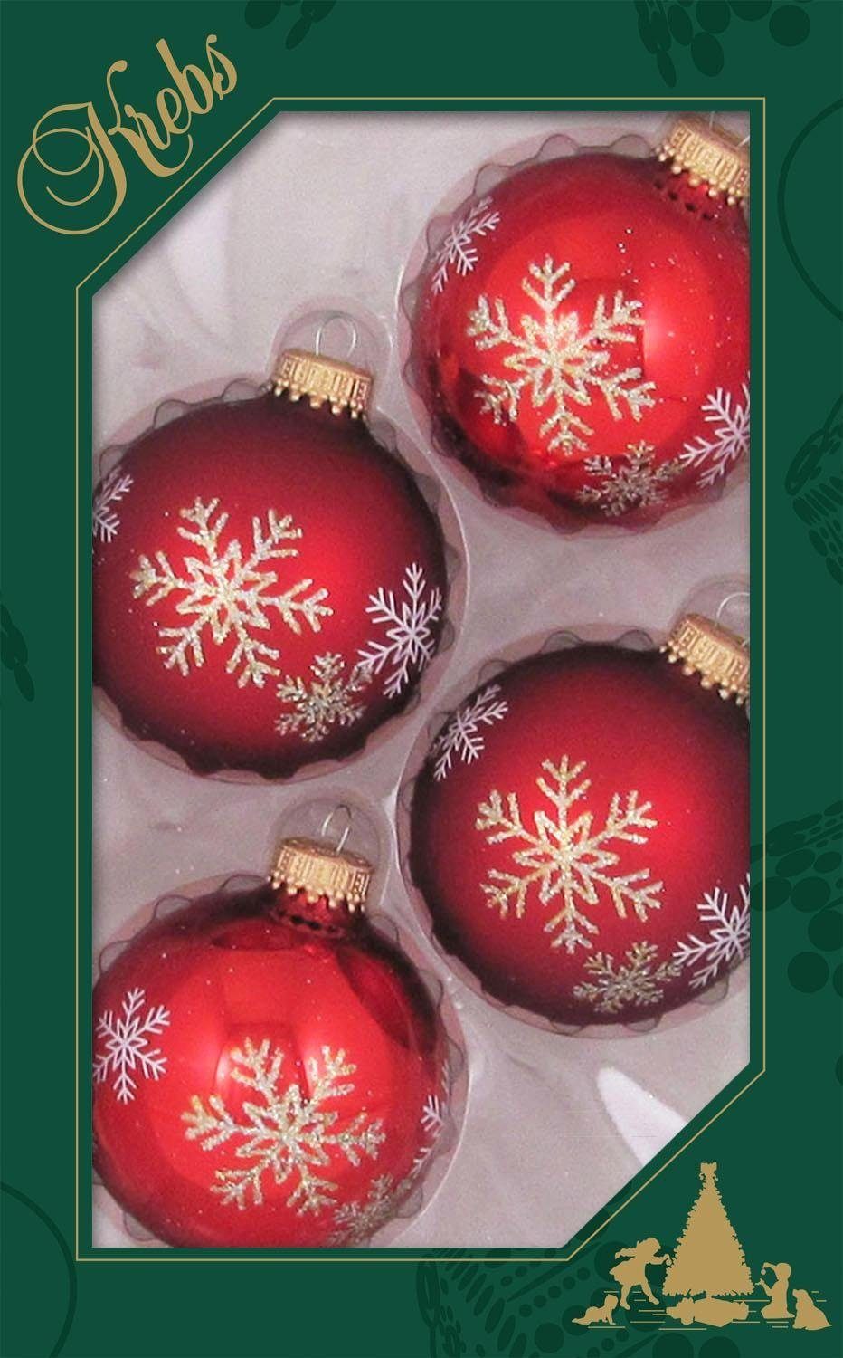 Krebs Glas Lauscha Weihnachtsbaumkugel Schneestern, Weihnachtsdeko rot, Christbaumschmuck (4 St), Christbaumkugeln aus Glas