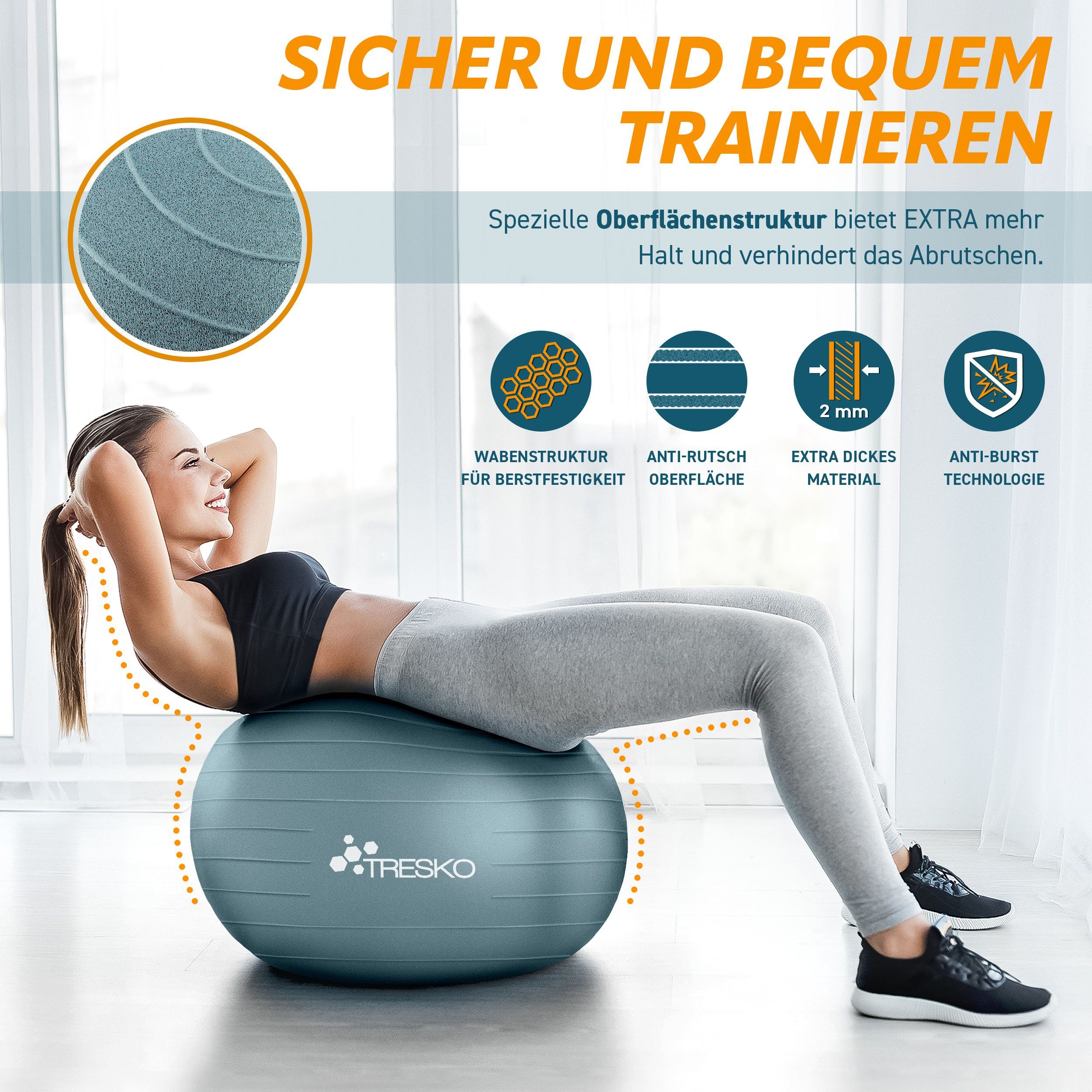 TRESKO Gymnastikball mit GRATIS Übungsposter inkl. Luftpumpe Yogaball, BPA-Frei Sitzball Büro Anti-Burst inkl. Luftpumpe, Fitnessball