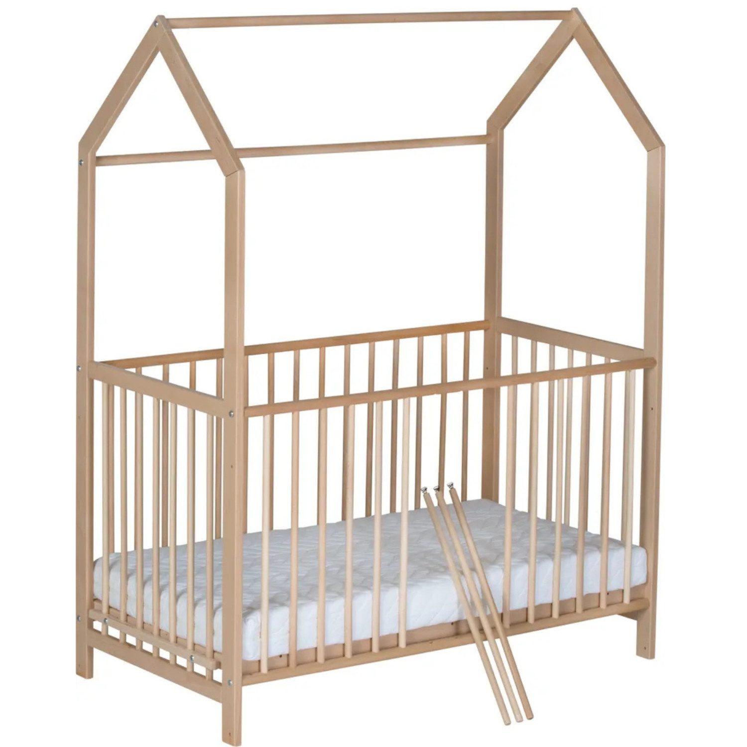 Schardt Babybett Micky 60x120cm - Natur, Babybett Hausbett Gitterbett höhenverstellbar mit 3 Schlupfsprossen
