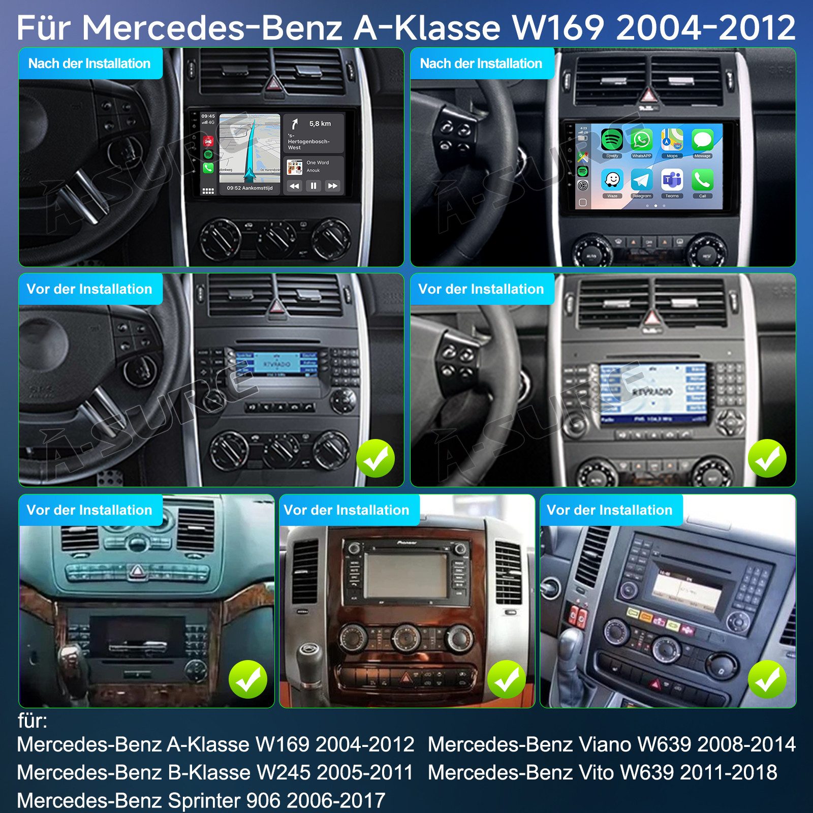 A-Sure Android 15 Carplay Für Mercedes-Benz A/B KlasseW169 W639 W245 W906 Autoradio (Digitalradio (DAB), FM, AM, 1280*800 IPS Screen)