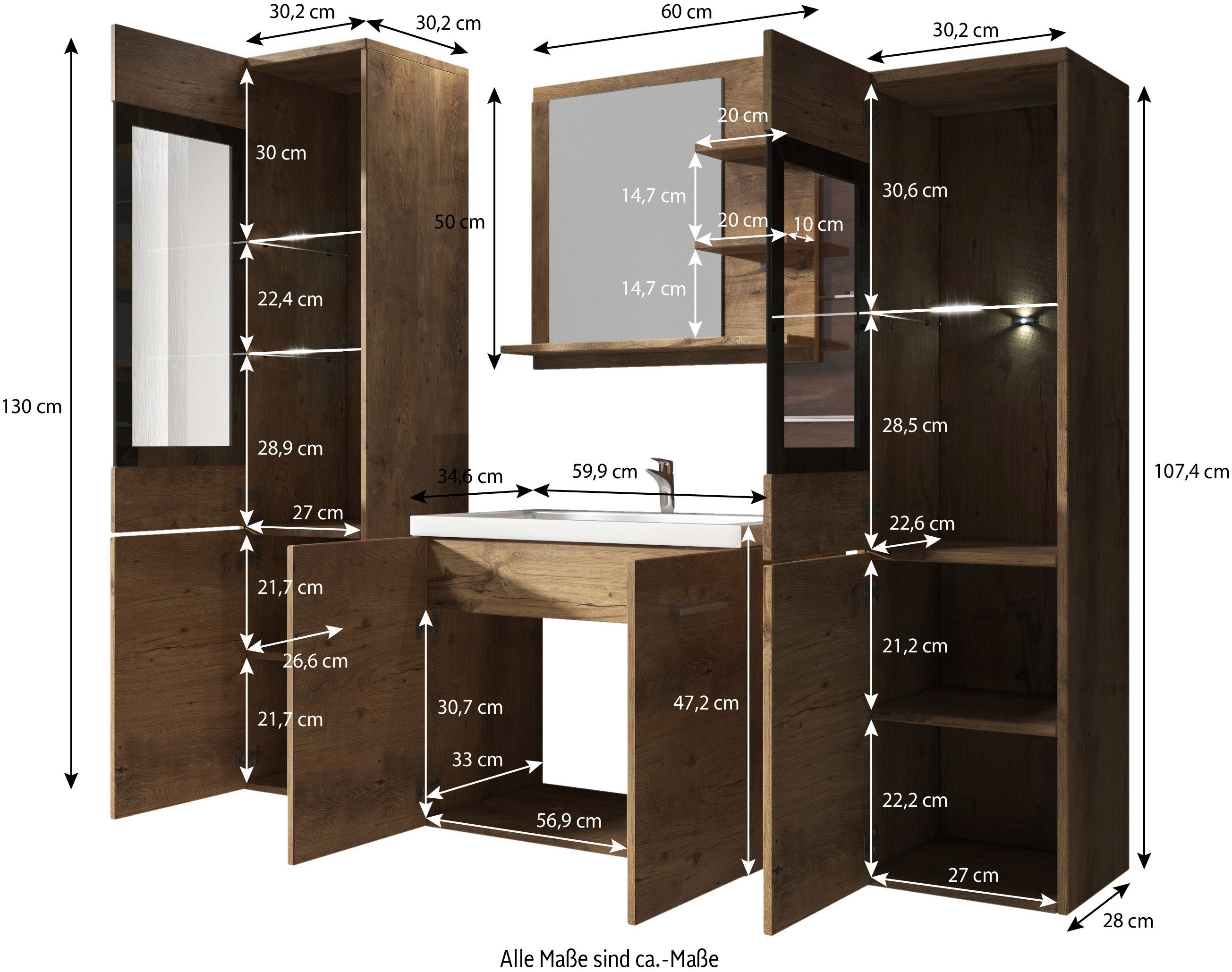 Waschbecken), Spiegel Waschtisch (Komplett-Set, mit Weiß / Hochschrank, Eiche Wotan Badmöbel-Set Hochglanz welltime 4-St., ARONA, Badschrank, Waschbecken, inkl.