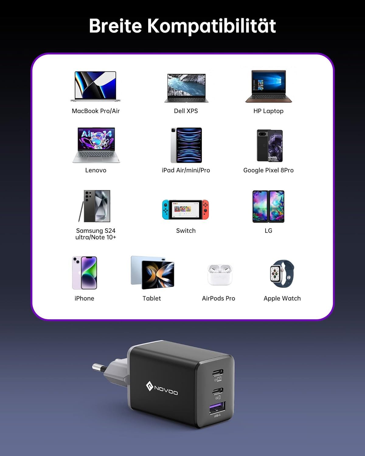 NOVOO Laptop-Ladegerät (mit 67W USB-C PD und USB-A Anschluss für MacBook und Windows Laptops)