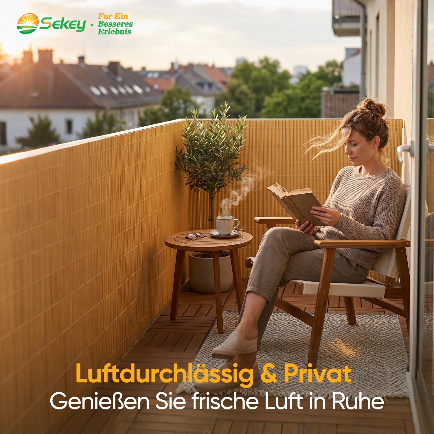 Sekey Balkonsichtschutz Sichtschutzmatte in Natur-Optik, wetterfest für Balkon, Garten & Zaun UV-beständig und wetterfest für Balkon, Garten & Terrasse
