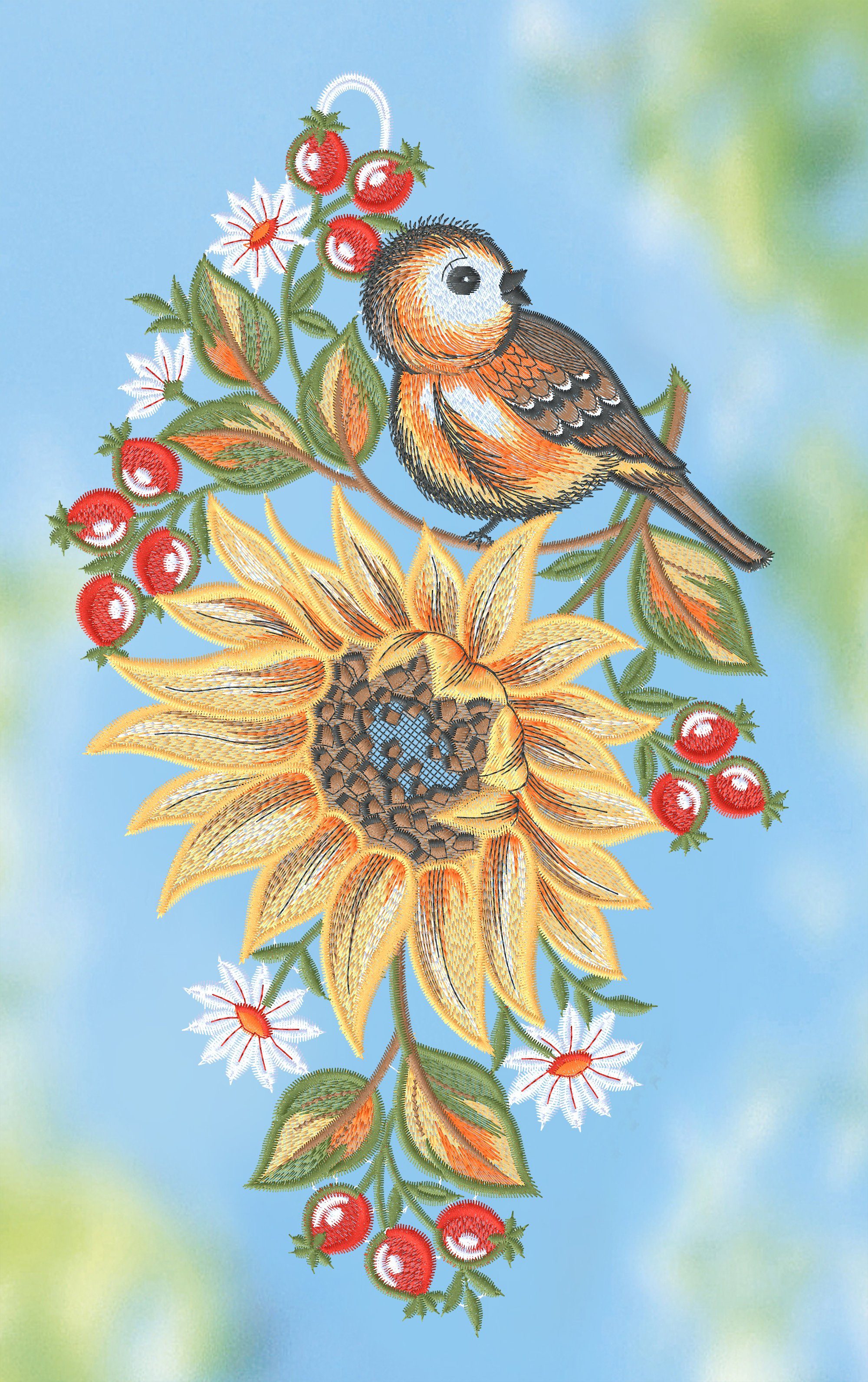 Plauener Spitze® Fensterbild Sonnenblume mit Vögelchen, günstig online kaufen