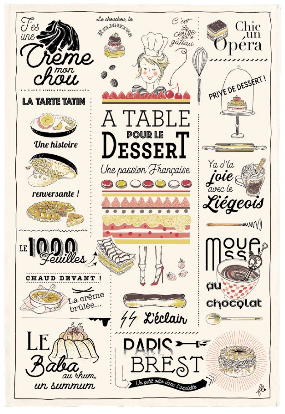 Winkler Geschirrtuch Geschirrtuch Les desserts français Ecru 48x72 cm, (1-tlg., 1 x Geschirrtuch), bedruckt