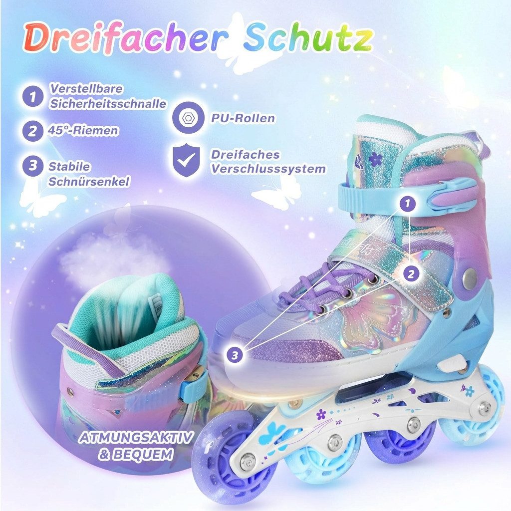 Nattork Inlineskates Kinder Inliner für Mädchen, 4 Größen verstellbar, Schmetterling Inline Rollschuhe (Größe S: 27-31 EU / 175-200 mm)