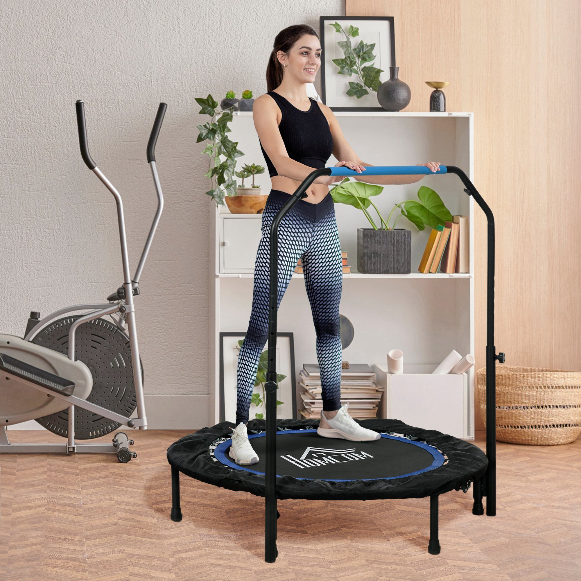 HOMCOM Fitnesstrampolin mit 4-Fach Höhenverstellbarer Haltegriff, Ø 102 cm, (Fitness-Rebounder, 1 tlg., Mini-Trampolin), für Erwachsene, Schwarz+Blau