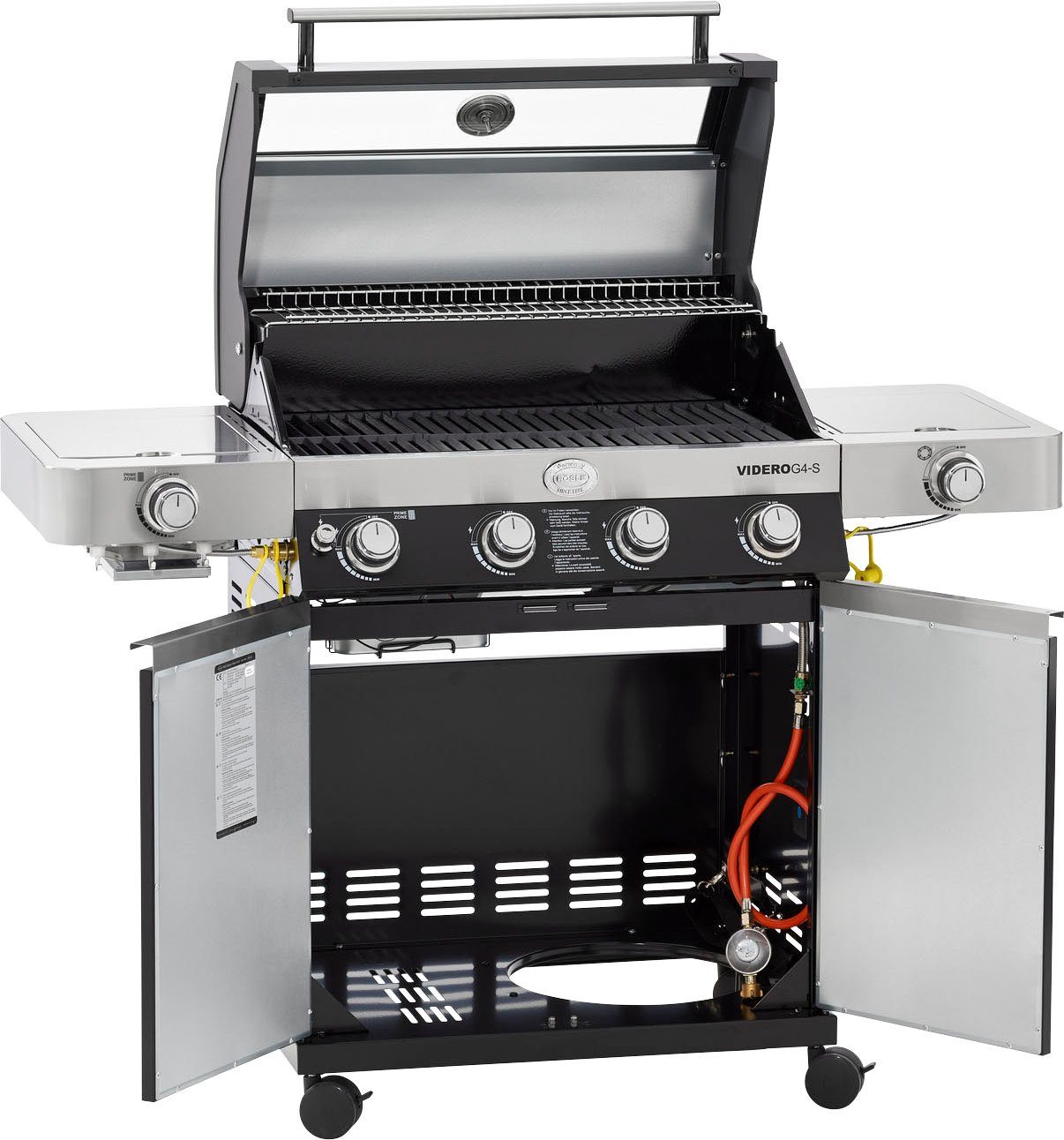 RÖSLE Gasgrill BBQ-Station VIDERO, 25524, G4-S Schwarz, 4 Brenner, extra Primezone und Seitenbrenner, VARIO+