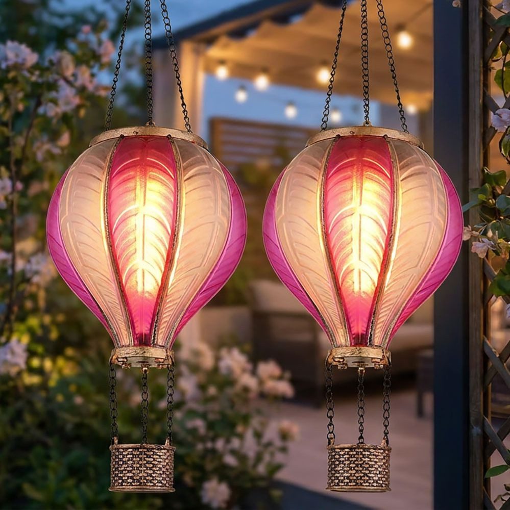 GLOBO LIGHTING LED Solarleuchte, LED-Leuchtmittel fest verbaut, Warmweiß, 2x Solarlampe Außenleuchte Heißluftballon Feuereffekt H 46,5 cm