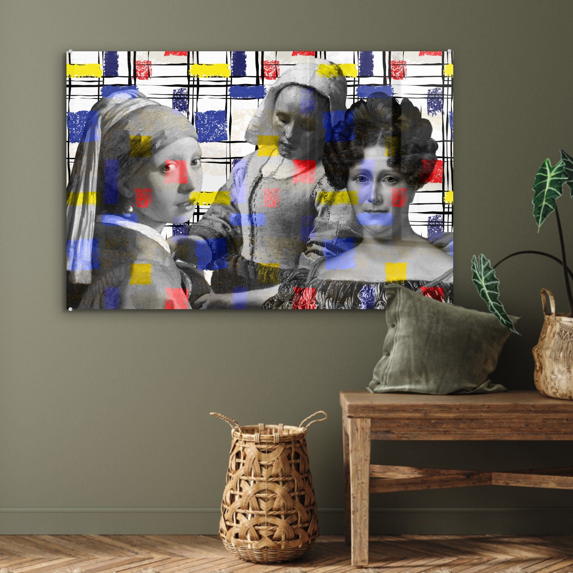 MuchoWow Acrylglasbild Collage Gemälde, bunt - Schlafzimmer Mondrian - Acrylglasbilder St), Wohnzimmer (1 &