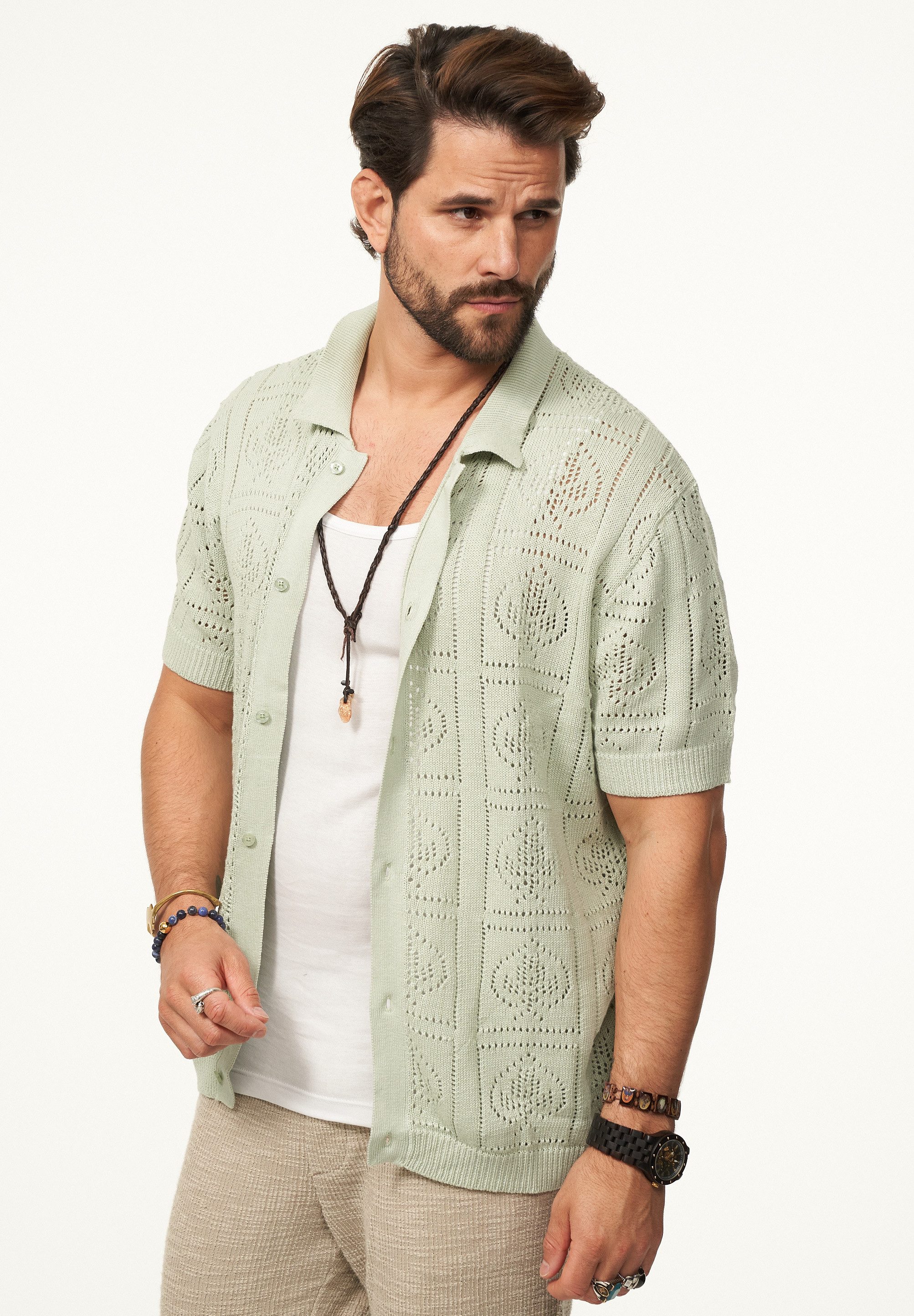 SOULSTAR Poloshirt im Crochet Vintage Summer-Look Herren Kurzarm Strick Polo-Hemd Cardigan T-Shirt