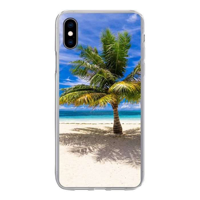 MuchoWow Handyhülle Kokosnusspalme im Sand bei Moorea in Ozeanien Handyhülle Apple iPhone Xs Smartphone-Bumper Print Handy