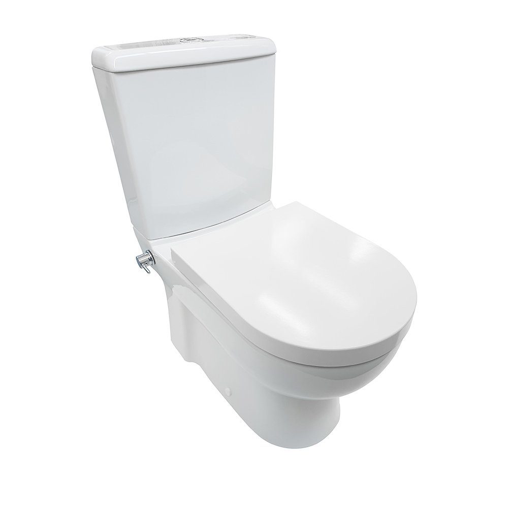 Ergonomisches Toilettenset mit Bodenauslass, Spülkasten, Sitz und  Thermostatmischer Nofer