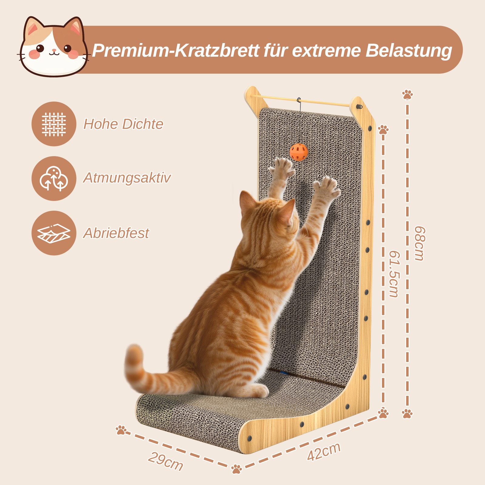 Dogat Kratzbrett L formiges Kratzbrett mit Spielkugel, 68cm, B×T×H: 42×29×68cm & 38x24x48 cm, zur Wandmontage, Kratzmatte