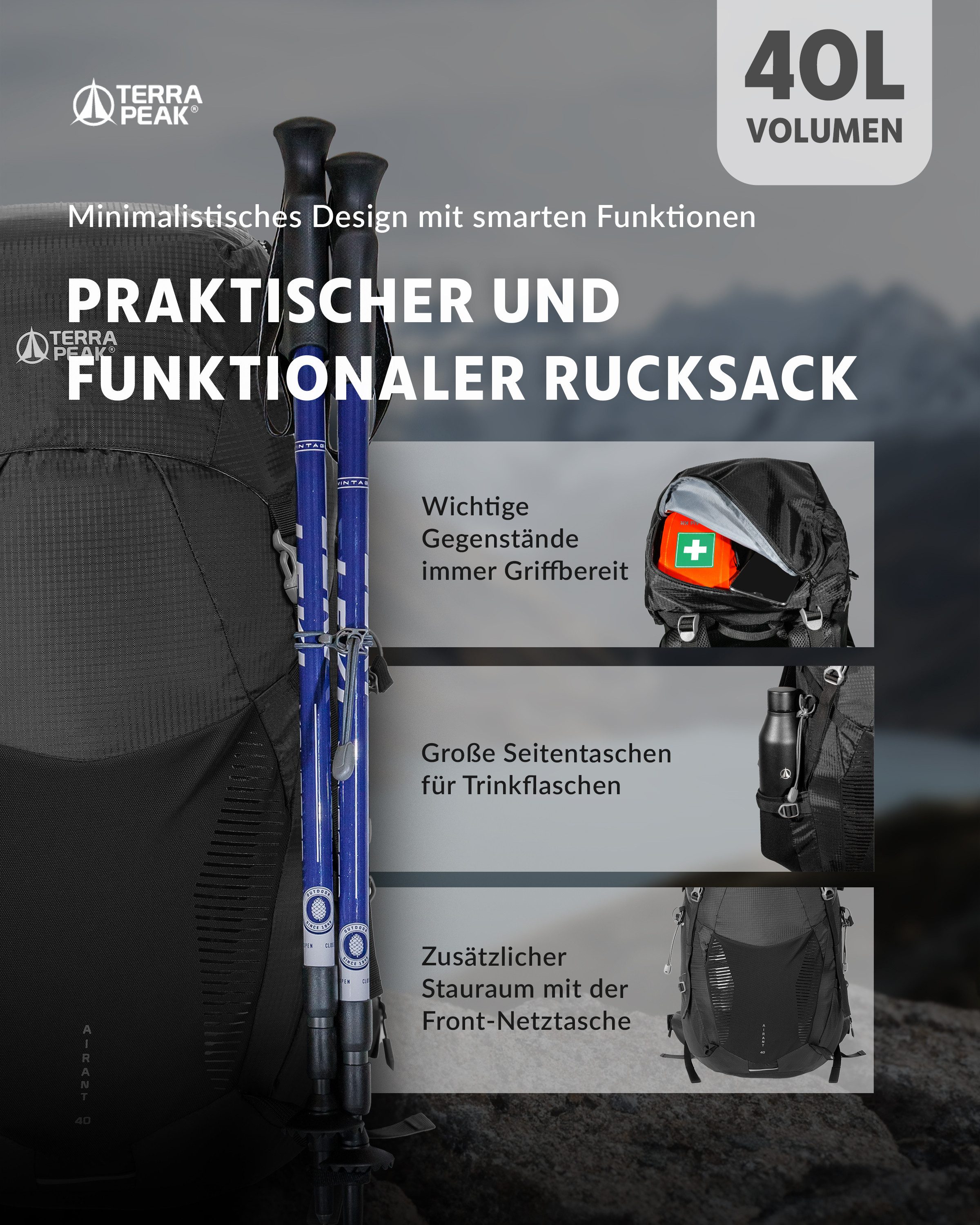 Terra Peak Wanderrucksack Airant 40, Rucksack mit belüftetem Netzrücken groß, 40 Liter