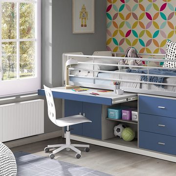 Lomadox Hochbett 90x200cm, mit ausziehbarem Schreibtisch und Stauram, weiß/blau