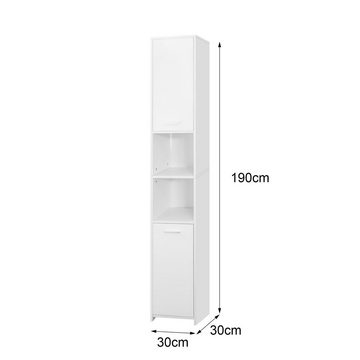 ML-DESIGN Badezimmerspiegelschrank Schrank Aufbewahrungsschrank Badmöbel Weiß, 30x190x30cm Hochschrank mit 6 Fächern 2 Türen viel Stauraum