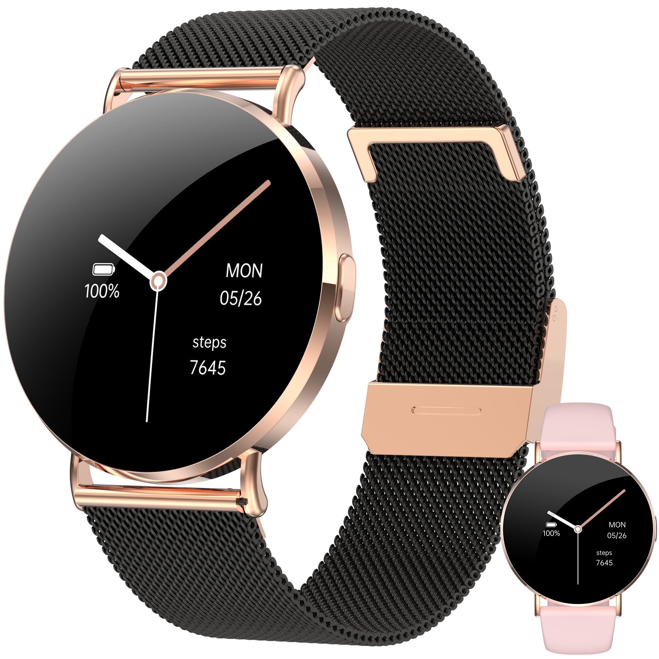 Levowatch EVE Damen Smartwatch, 7mm dünn, Sprachassistent, AMOLED Always-On Smartwatch (4 cm/1,3 Zoll, Android und iOS) Fitness Tracker Uhr, 3 Armbänder, Periodenzyklus, wasserdicht, 7mm Metallgehäuse, 4-teilig, Telefon Funktion, 41mm Damengröße, Anrufe,