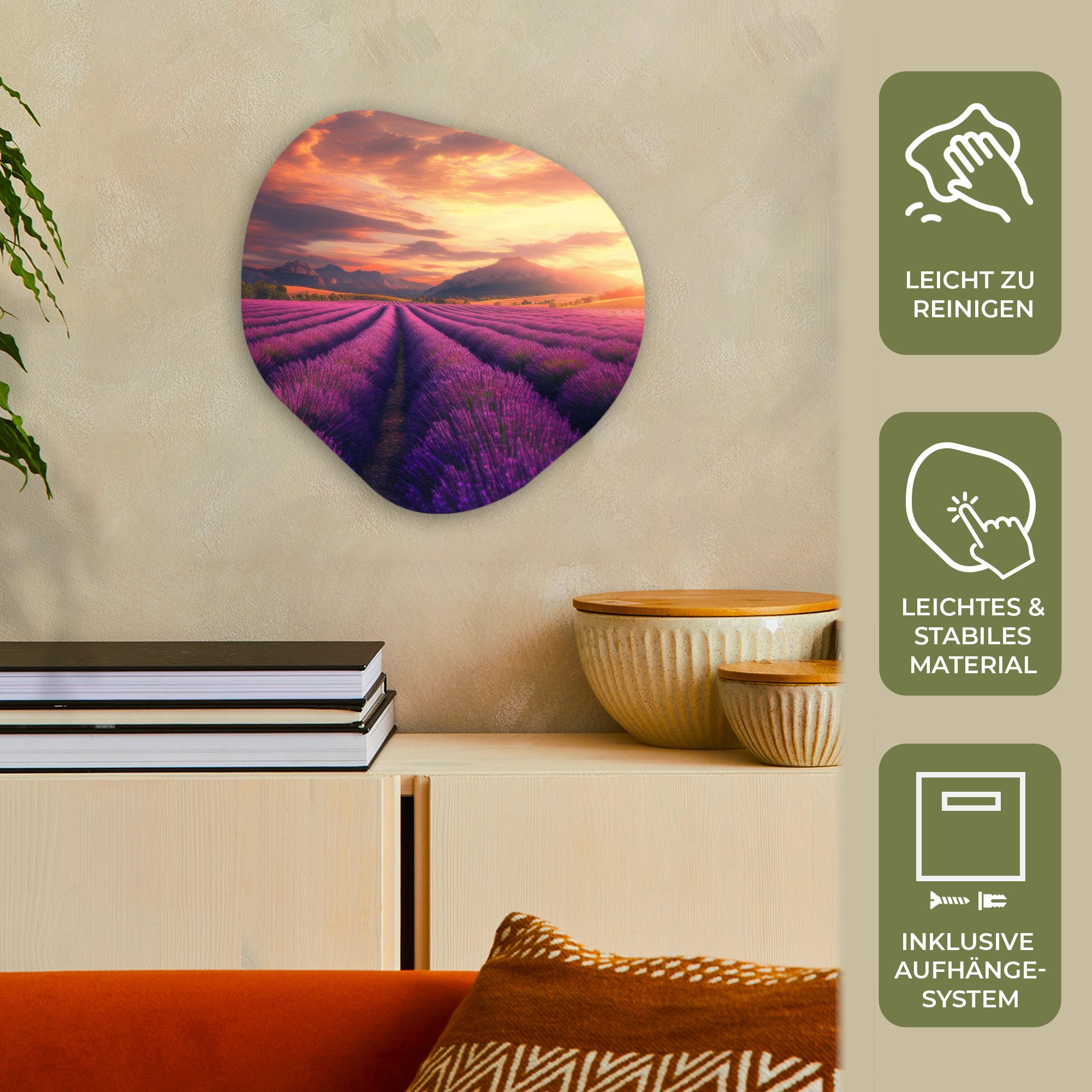 MuchoWow Gemälde Lavendelfeld - Sonnenuntergang - Lila, Fotodruck (1 St), Wandbild Abstrakt, Wohnzimmer Schlafzimmer Wanddekoration, 40x40 cm