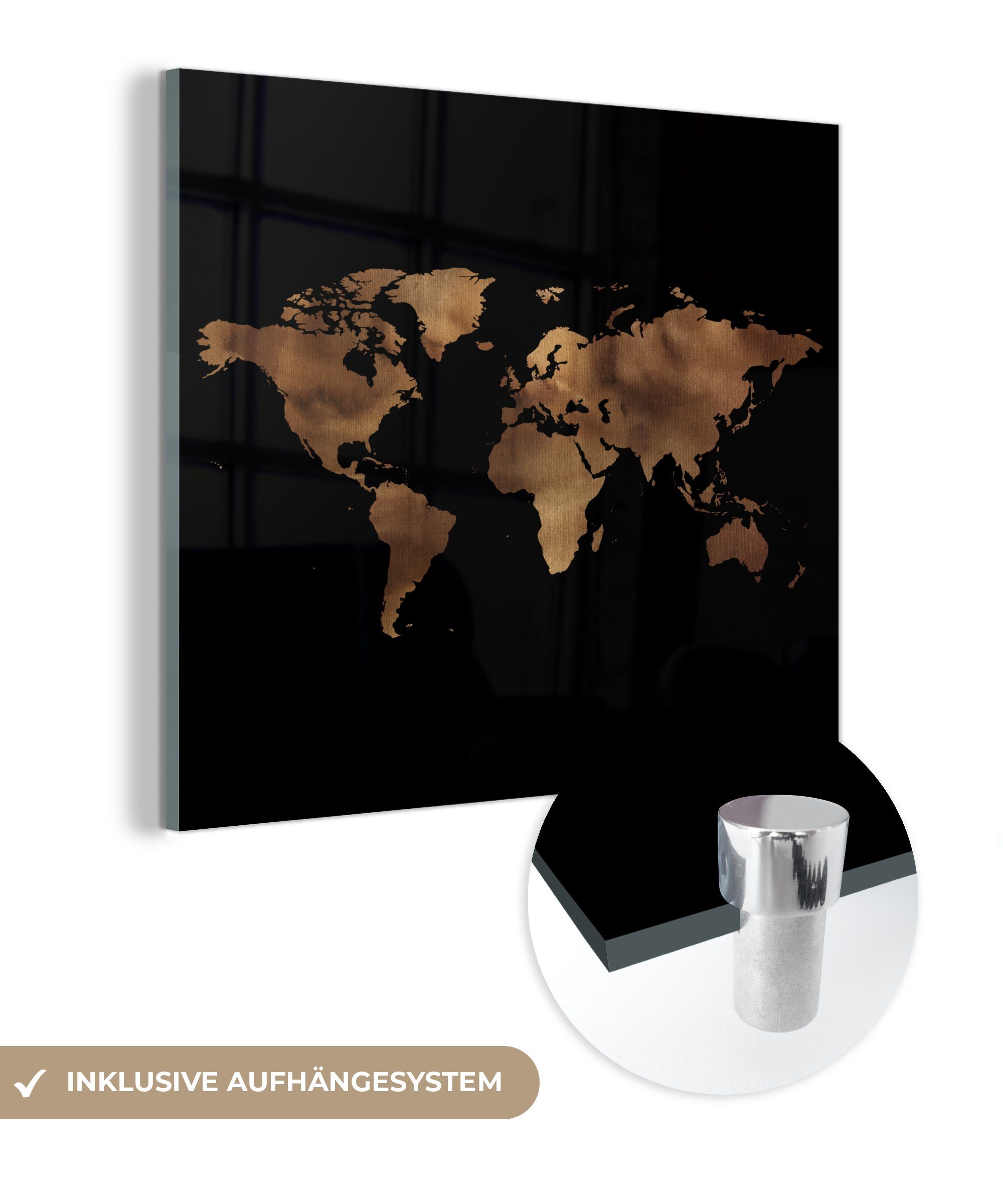 MuchoWow Acrylglasbild Weltkarte - Gold - Schwarz, (1 St), Glasbilder - Bilder auf Glas Wandbild - Foto auf Glas - Wanddekoration
