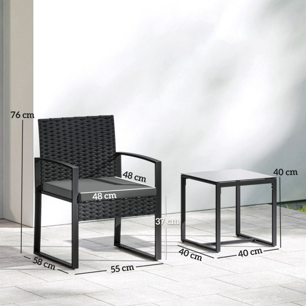 REDOM Sitzgruppe Zwei Sitzstühle und kleiner Tisch mit herausnehmbaren Sitzkissen, (Set, 3-tlg., Gemütliches Bistromöbel für entspannte Stunden im Freien), 55x58x76cm, Dunkelgraues Rattan Gartenmöbel Set mit drei Einzelteilen