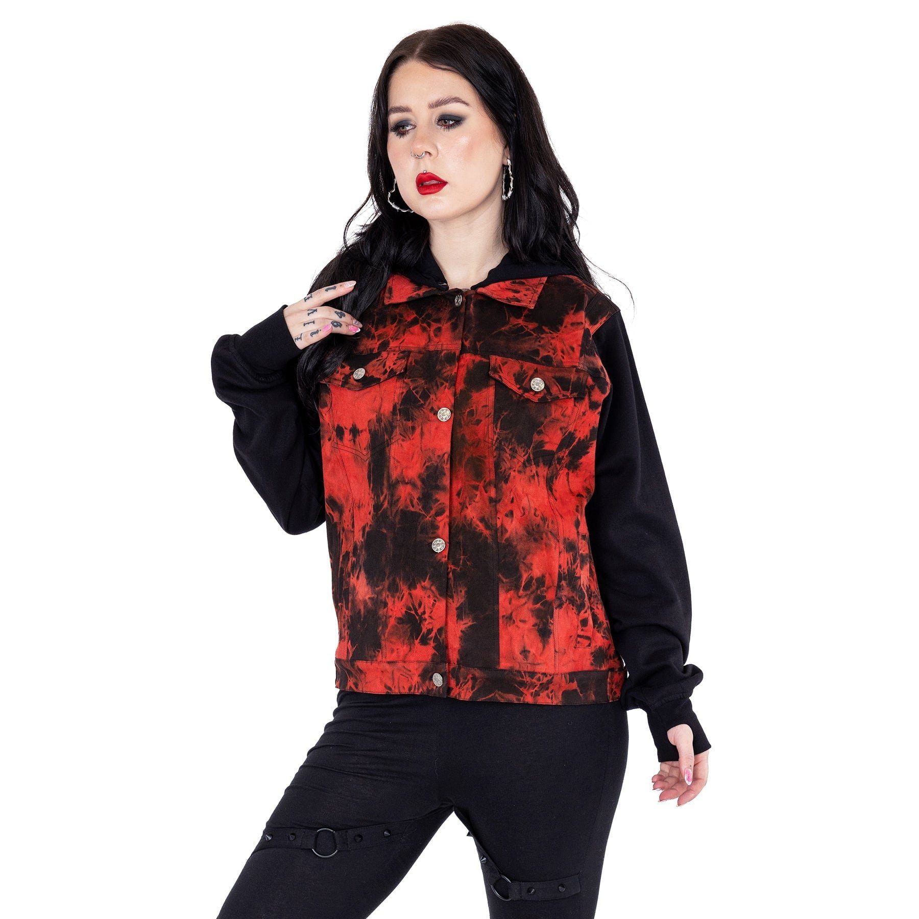 Heartless Jeansjacke Noelle mit Kapuze Tie Dye Punk Denim Batik Schwarz Rot