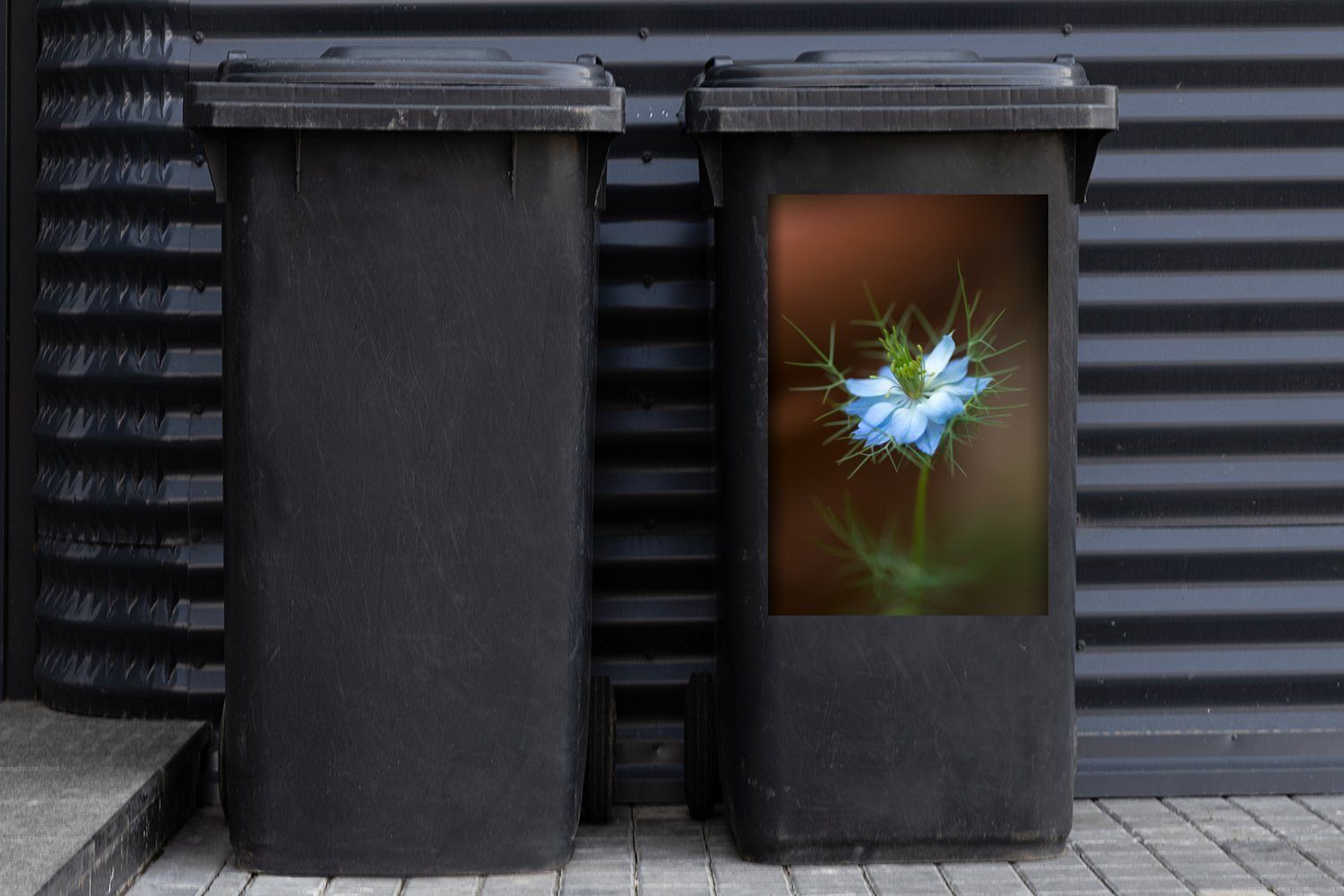 Mülleimer-aufkleber, Sticker, (1 Nigella-Blüte Container, Mülltonne, Leuchtend Abfalbehälter St), MuchoWow blaue Wandsticker