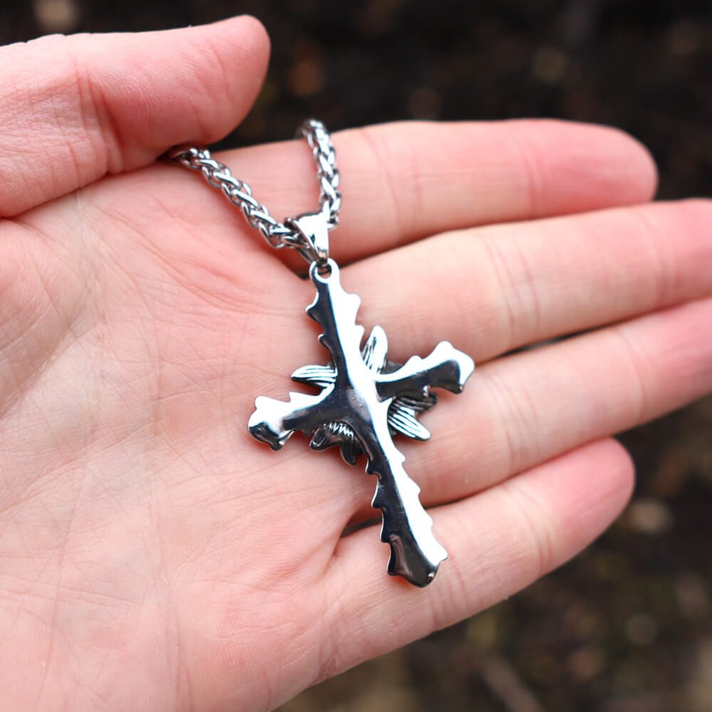 DALMARO Kette mit Anhänger Lederkette Edelstahlkette 316L ROSEN KREUZ, Herren Halskette Biker / Wikinger Kette - Schmuckbox